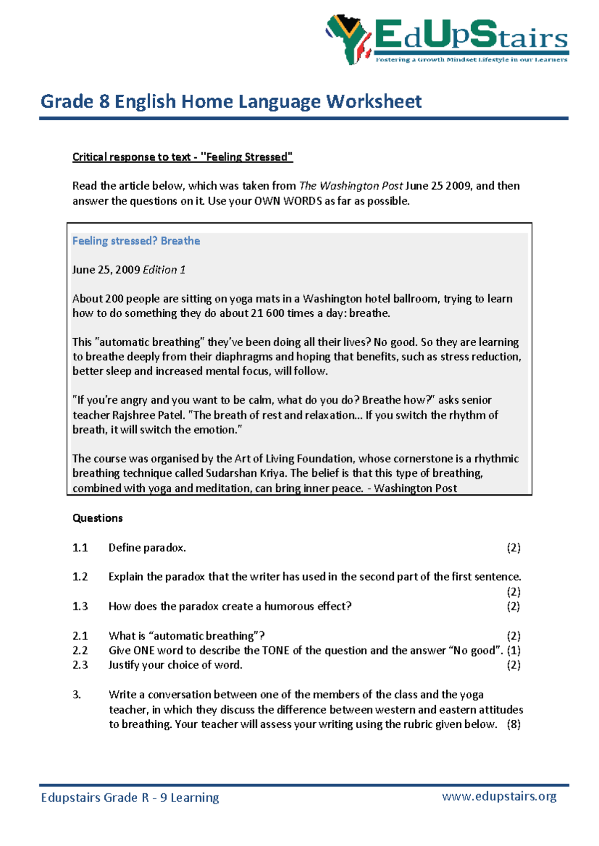 Grade 8 English Home Language Worksheet: Critical Response to "Feeling