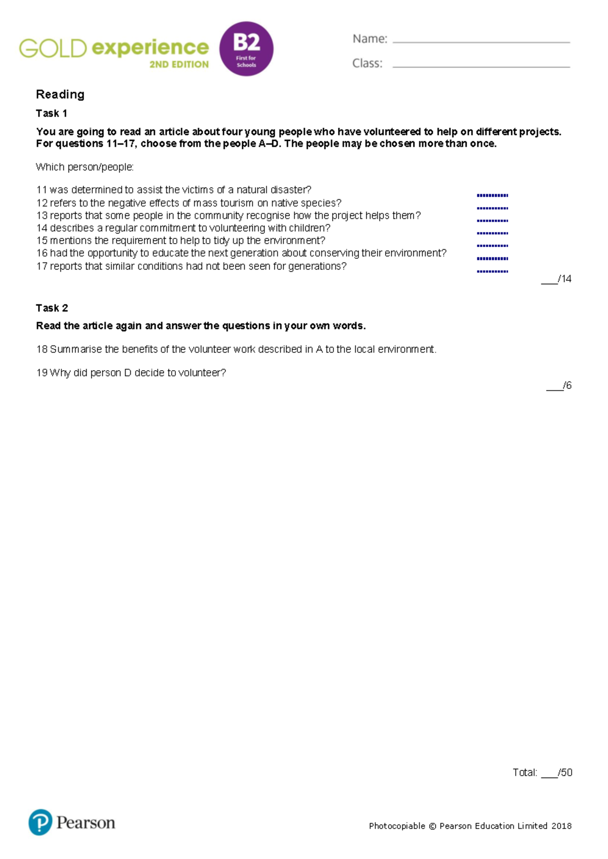 Gold Exp B2 Unit 2 Skills Test A: Volunteer Projects Reading Task ...