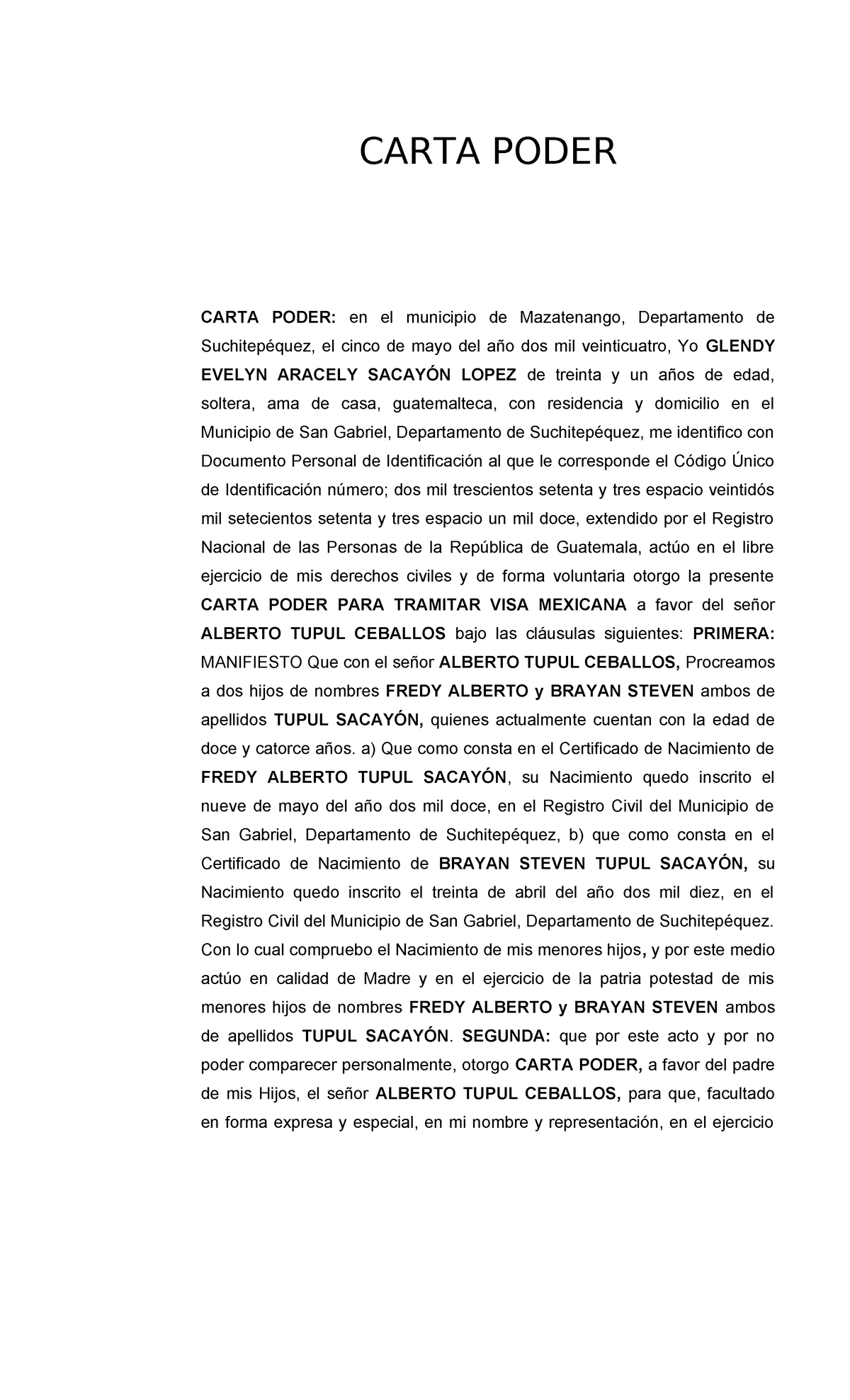 CARTA PODER PARA TRAMITAR VISA MEXICANA DE MIS HIJOS - Document Preview