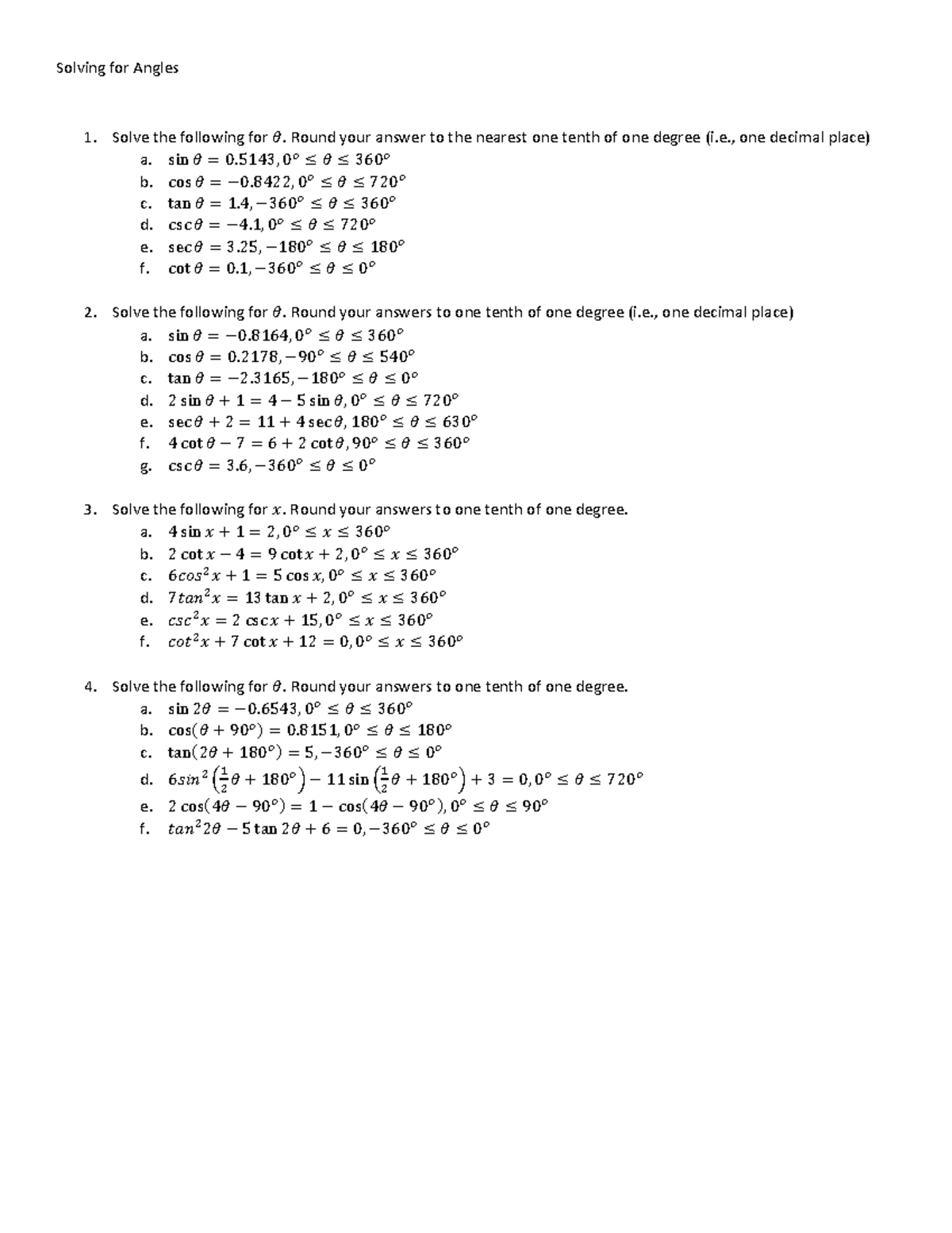 Solving Angles Worksheet 2: Trigonometric Equations and Solutions - Studocu