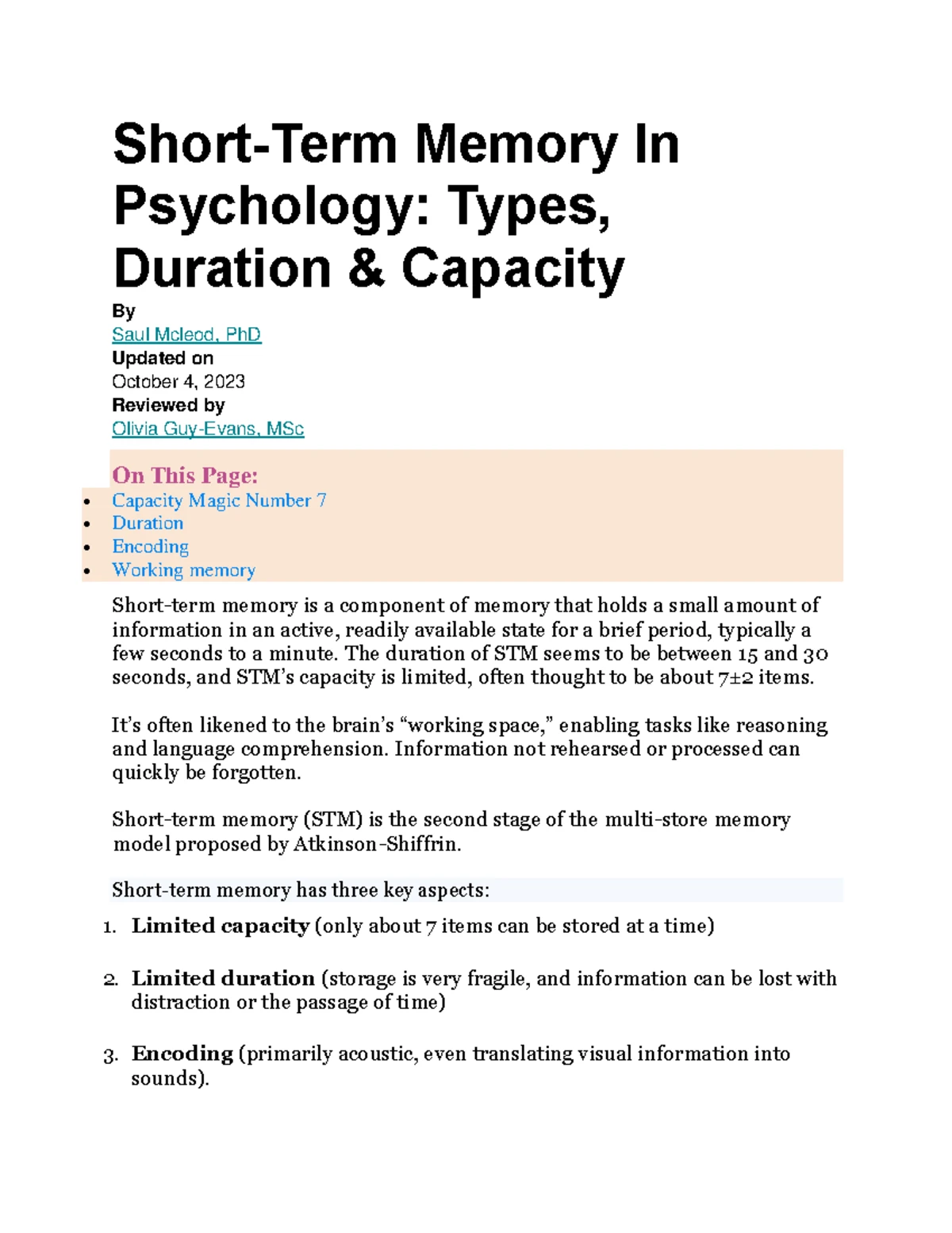 PSY 301: Long-Term Memory - Types, Capacity & Duration Overview - Studocu