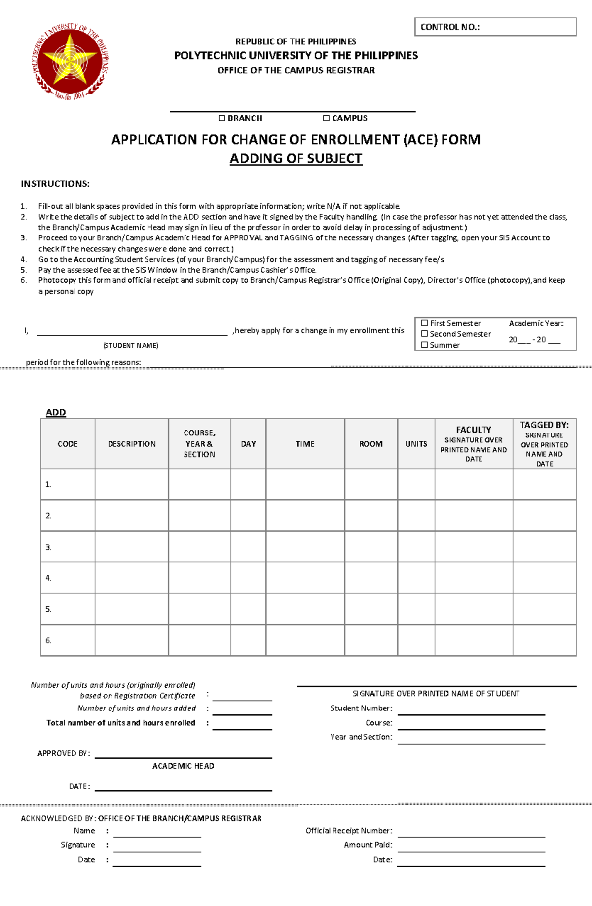 ACE Form for Adding Subjects - PUP Branch Campus - Studocu
