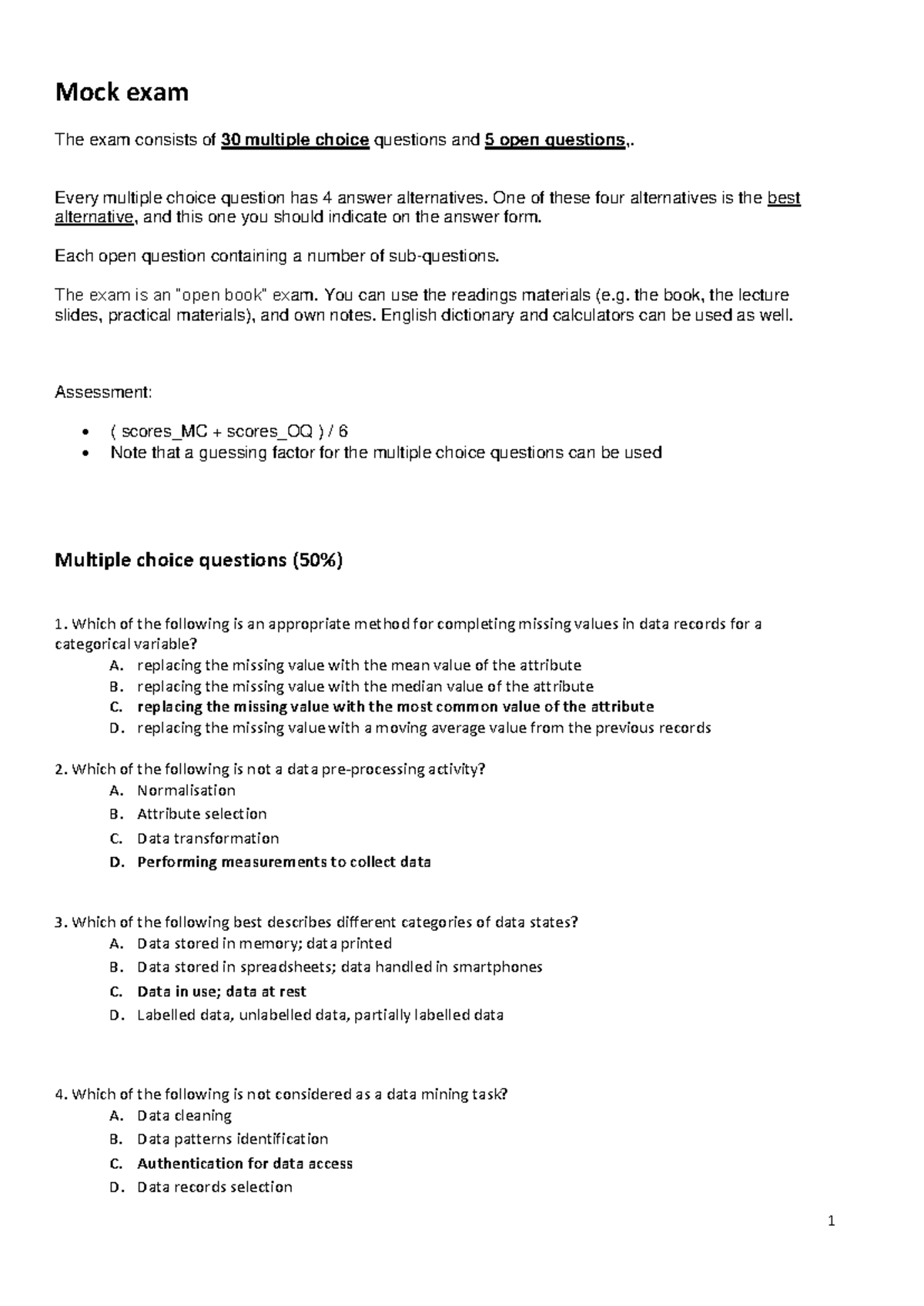 Mock Exam Questions and Answers for Data Mining (DMT101) - Studeersnel