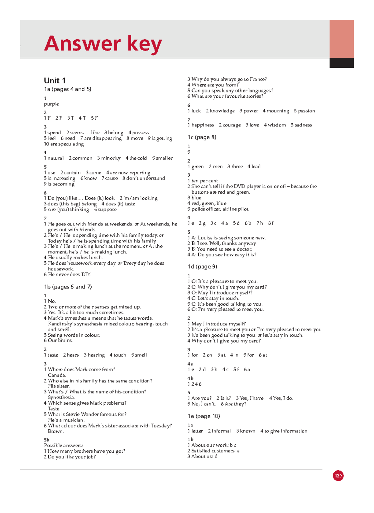 Workbook Answer Key - cjascjas asjcidn aiai - Answer key Unit 1 1a ...