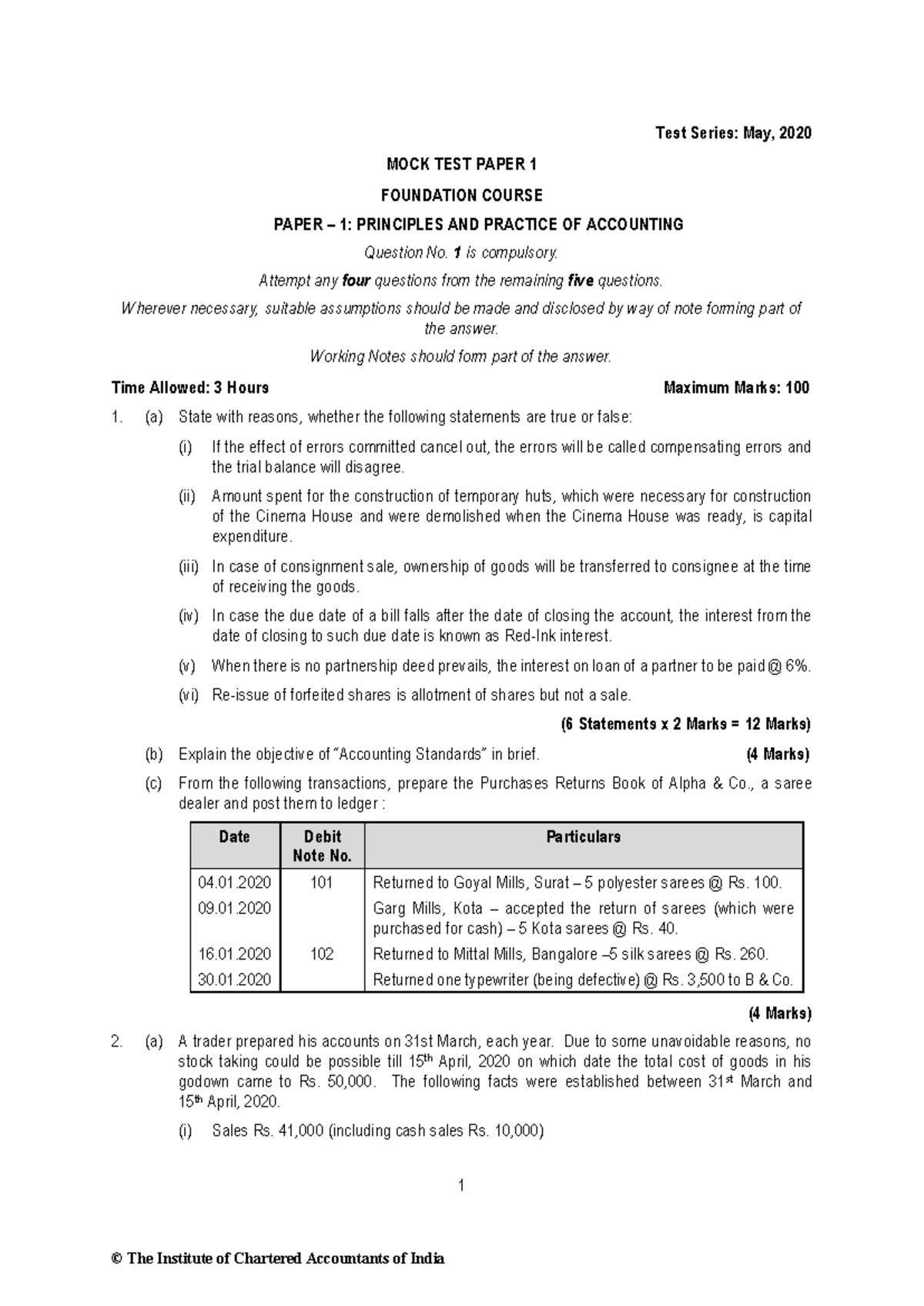 CA Foundation Mock Test Paper 1: Principles & Practice of Accounting ...