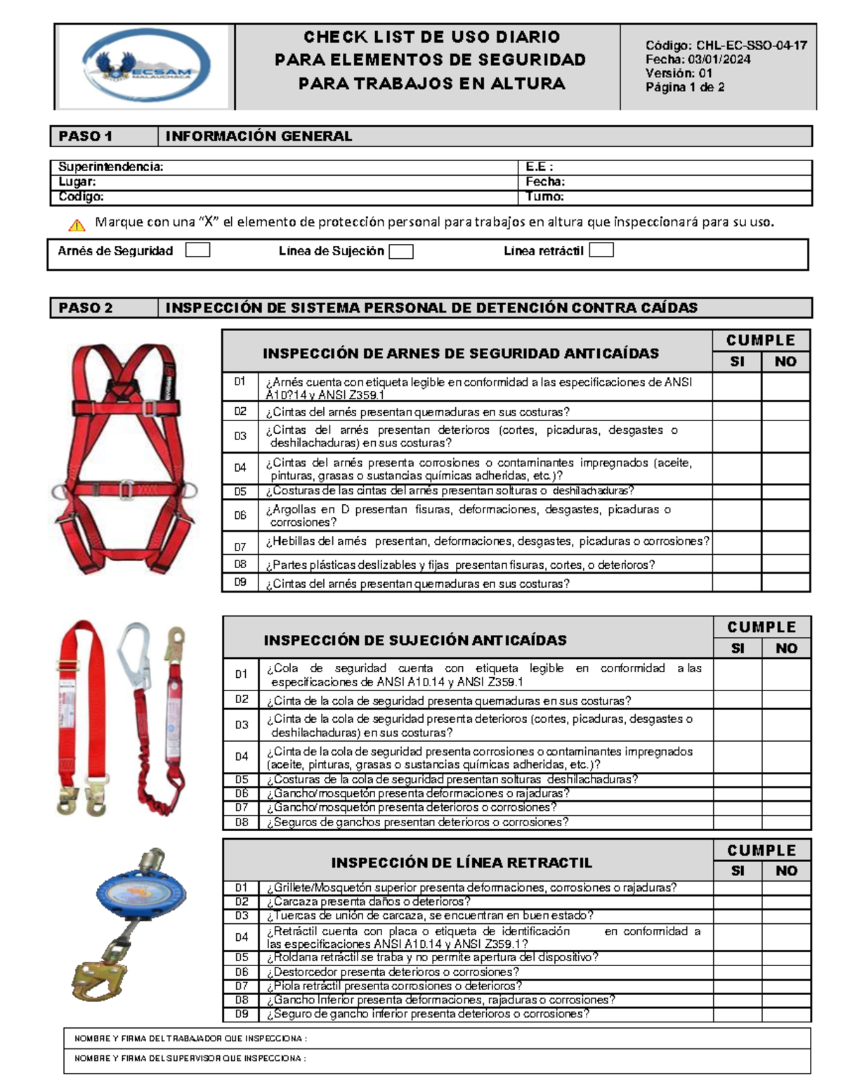 Lista de Verificación de Arnés y Línea de Anclaje CHL-EC-SSO-04 - 17 - Document Preview