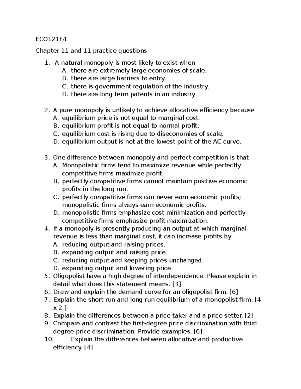 Chapter 10 & 11 Practice Questions on Monopoly & Oligopoly Concepts ...