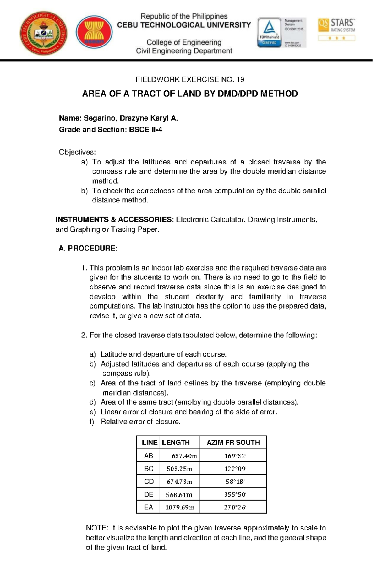 BSCE II-4 Fieldwork Exercise 19: Area Computation by DMD/DPD Method ...