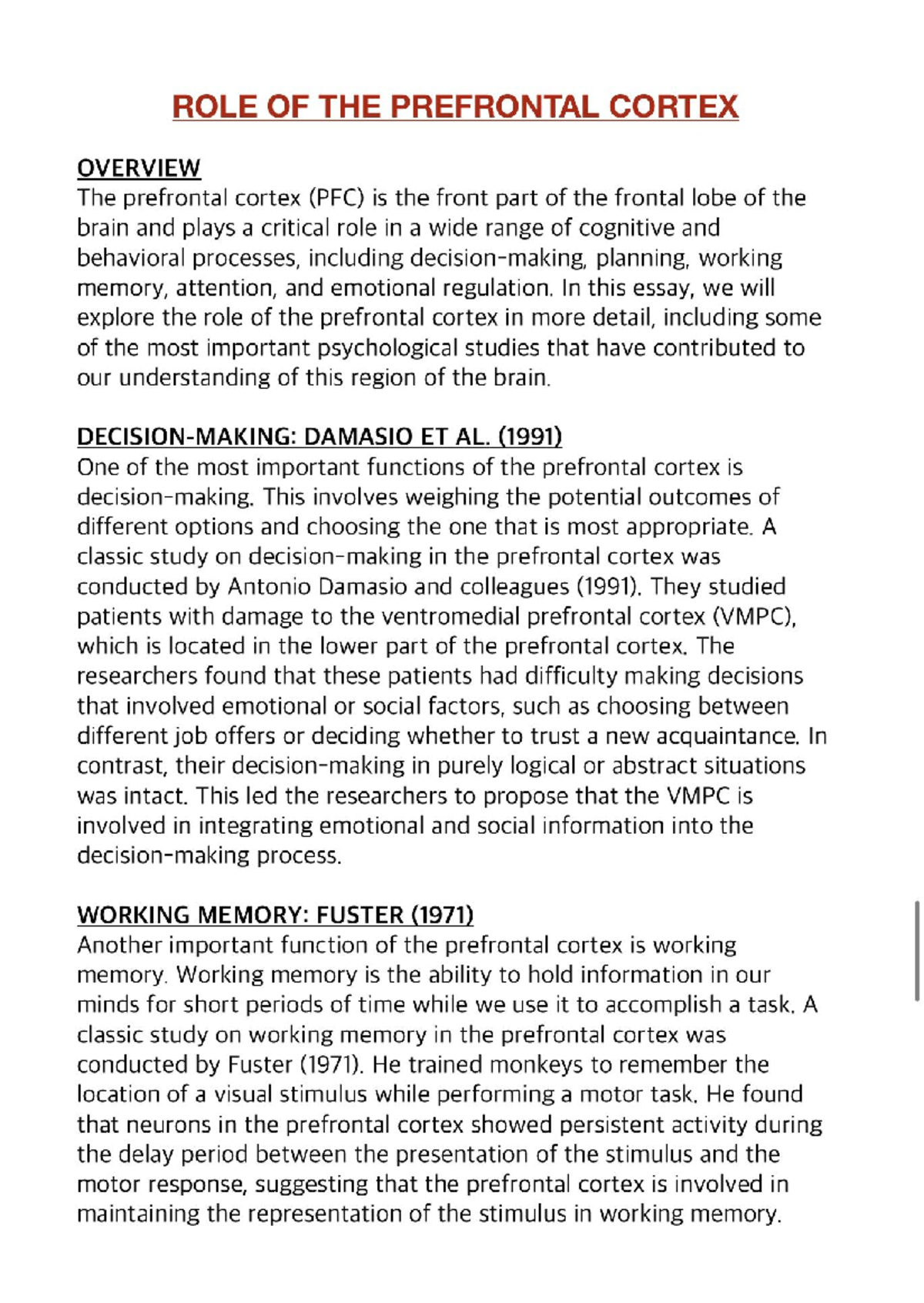 Summary of the Prefrontal Cortex Functions and Significance - Studocu