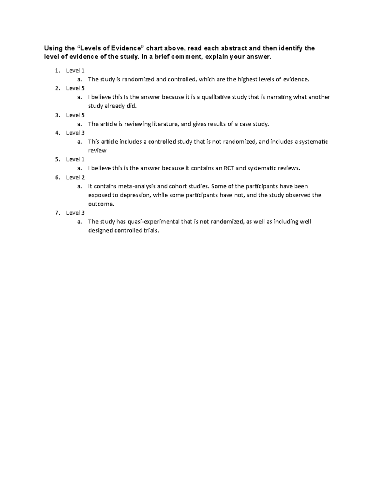 Levels of Evidence completed assignment Using the “Levels of