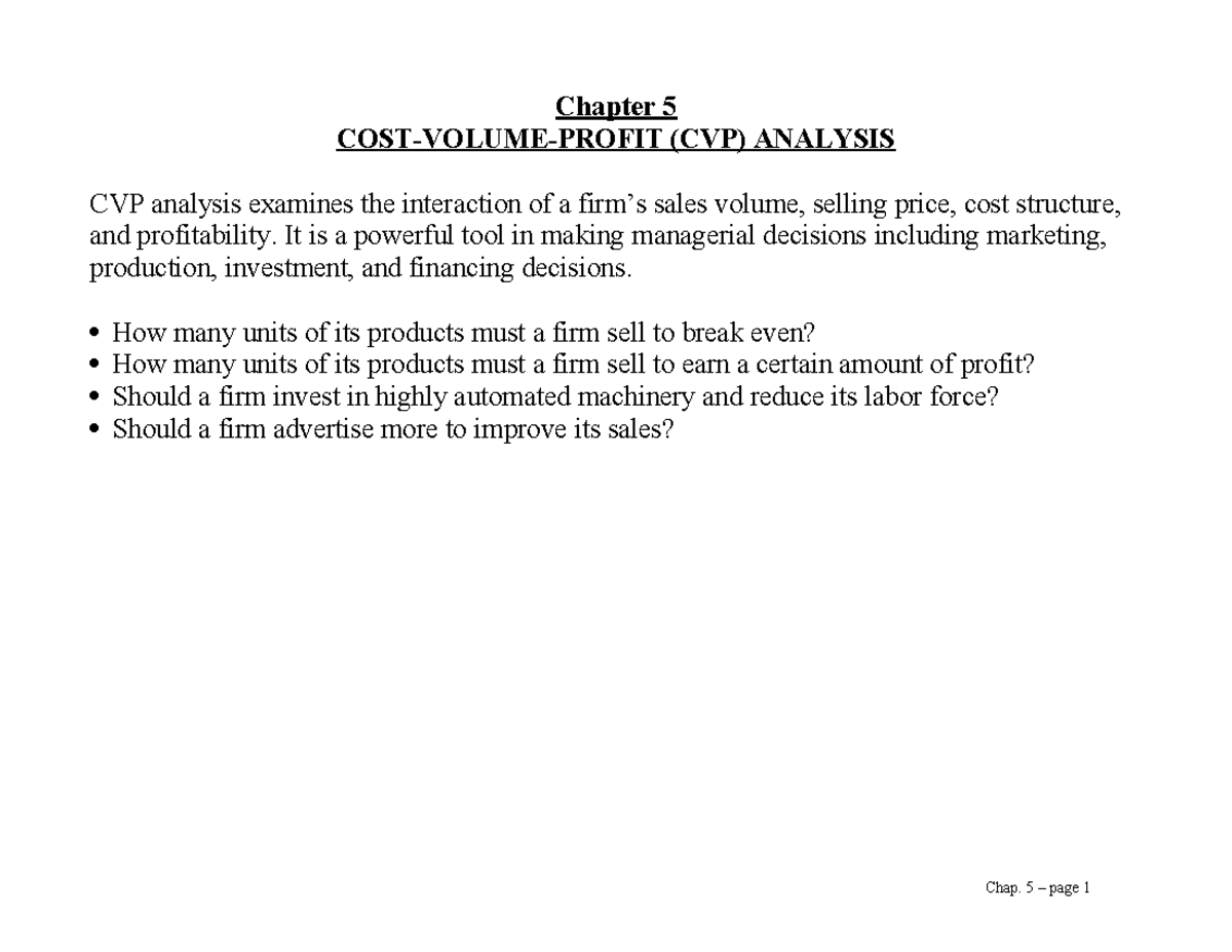 Chapter 5 (CVP) Analysis: Understanding Break-Even and Profitability ...