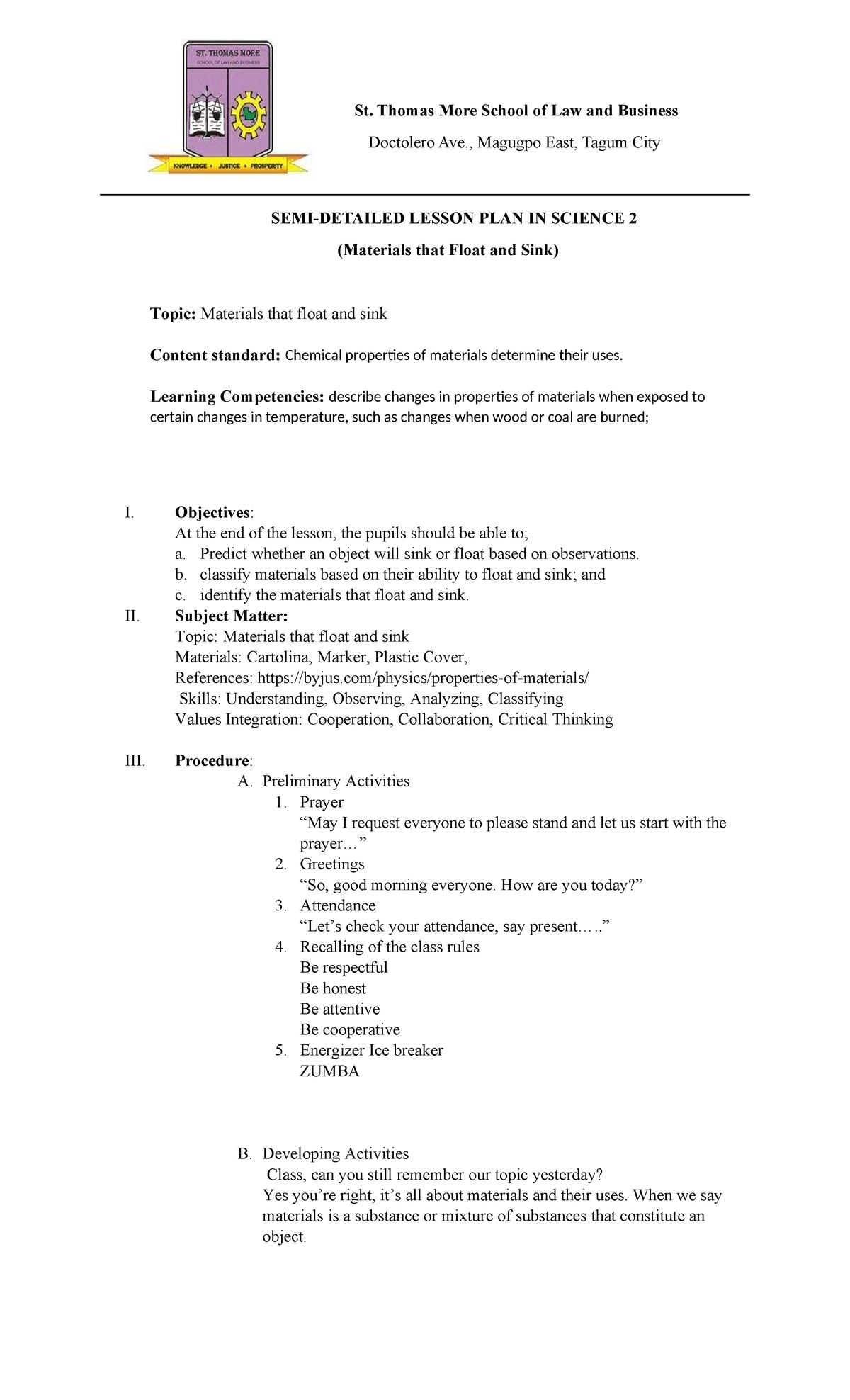 Cyrus-Science Lesson Plan - St. Thomas More School of Law and Business ...