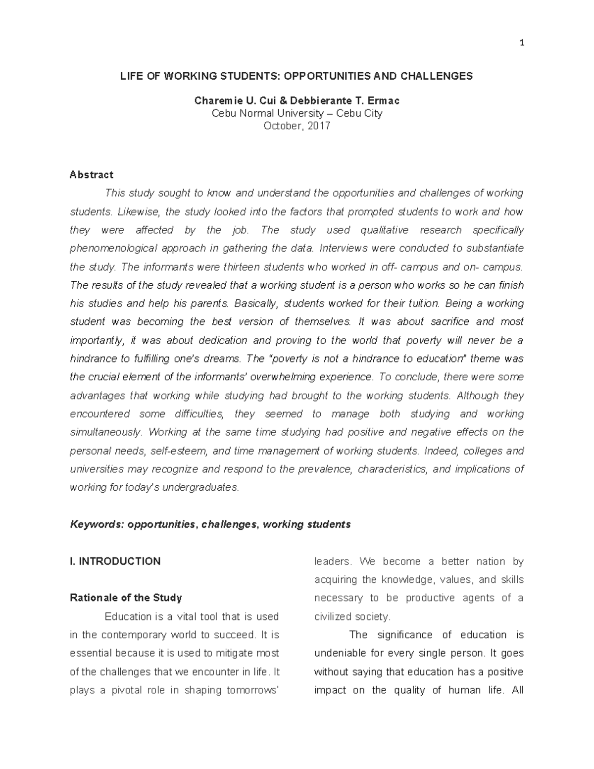 LIFE OF WORKING STUDENTS: OPPORTUNITIES & CHALLENGES (A Study) - Studocu