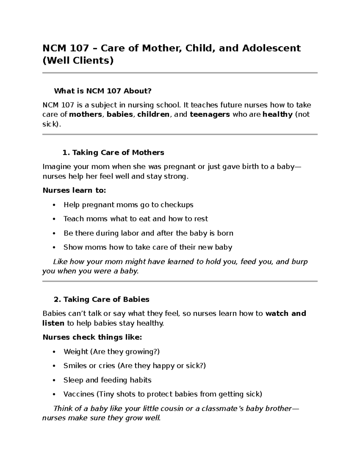 NCM 107 Final Exam Review: Care of Mother, Child, and Adolescent - Studocu