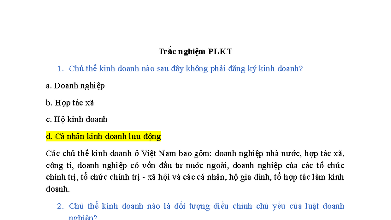 Trắc nghiệm PLKT 1 - Chủ thể Kinh Doanh và Luật DN 2020 - Studocu