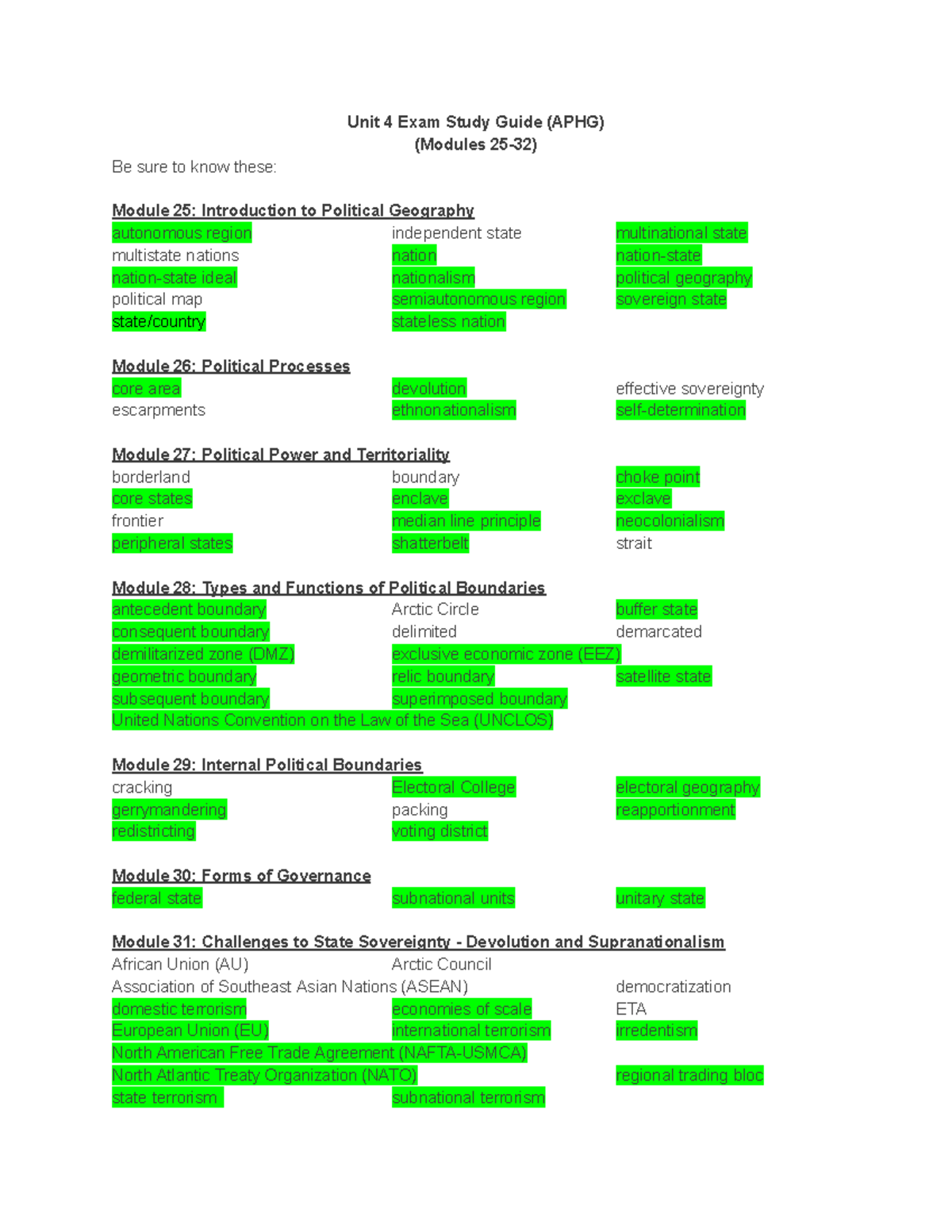 Unit 4 Exam Study Guide (APHG) - Political Geography - Studocu