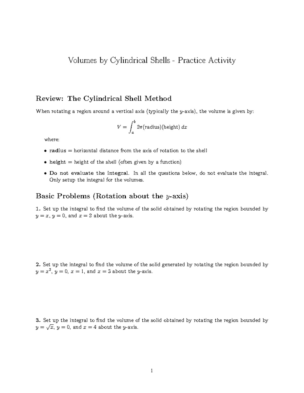 Cylindrical Shells Volume Setup: Practice Activity (Section 6.3) - Studocu