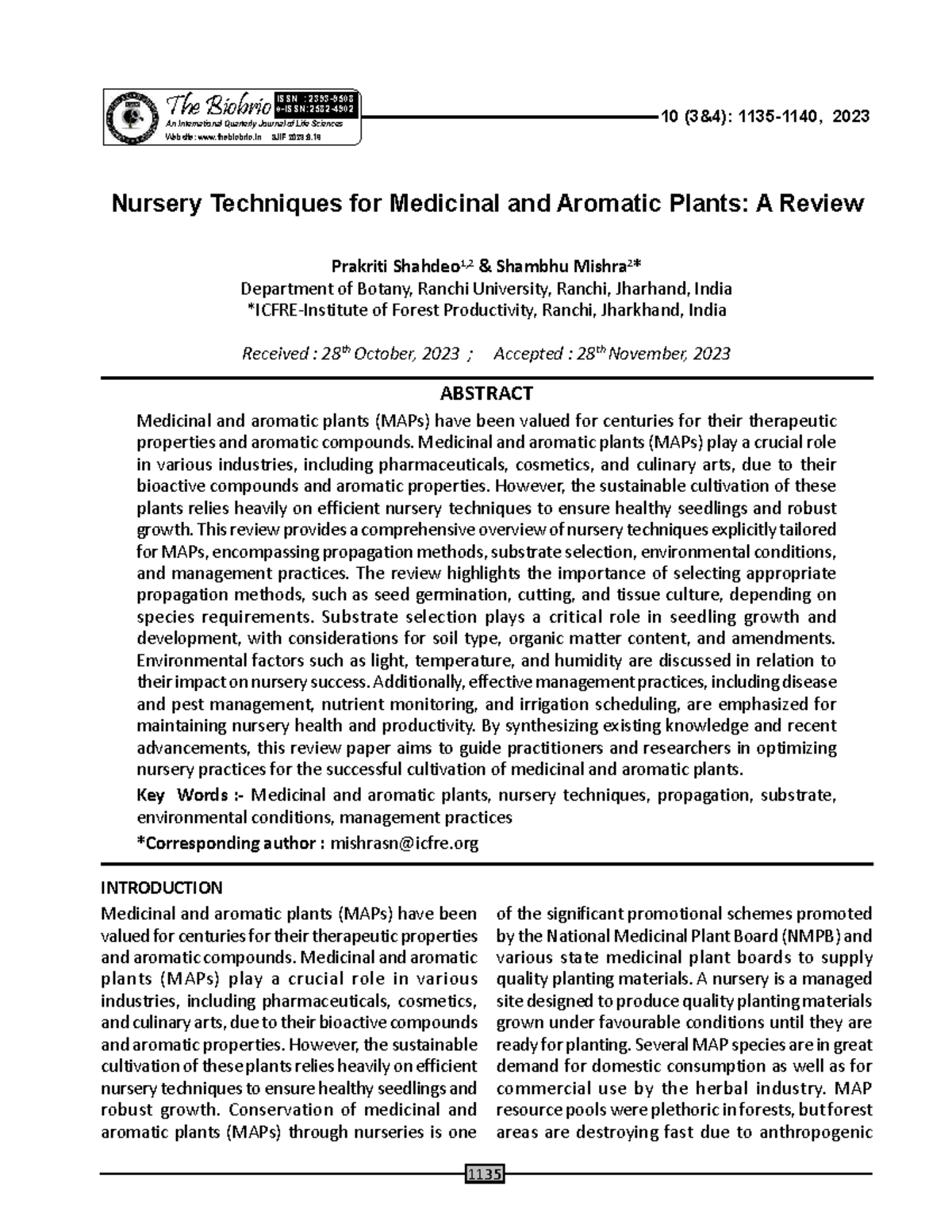 Nursery Techniques for Medicinal and Aromatic Plants: A Review (ISSN ...