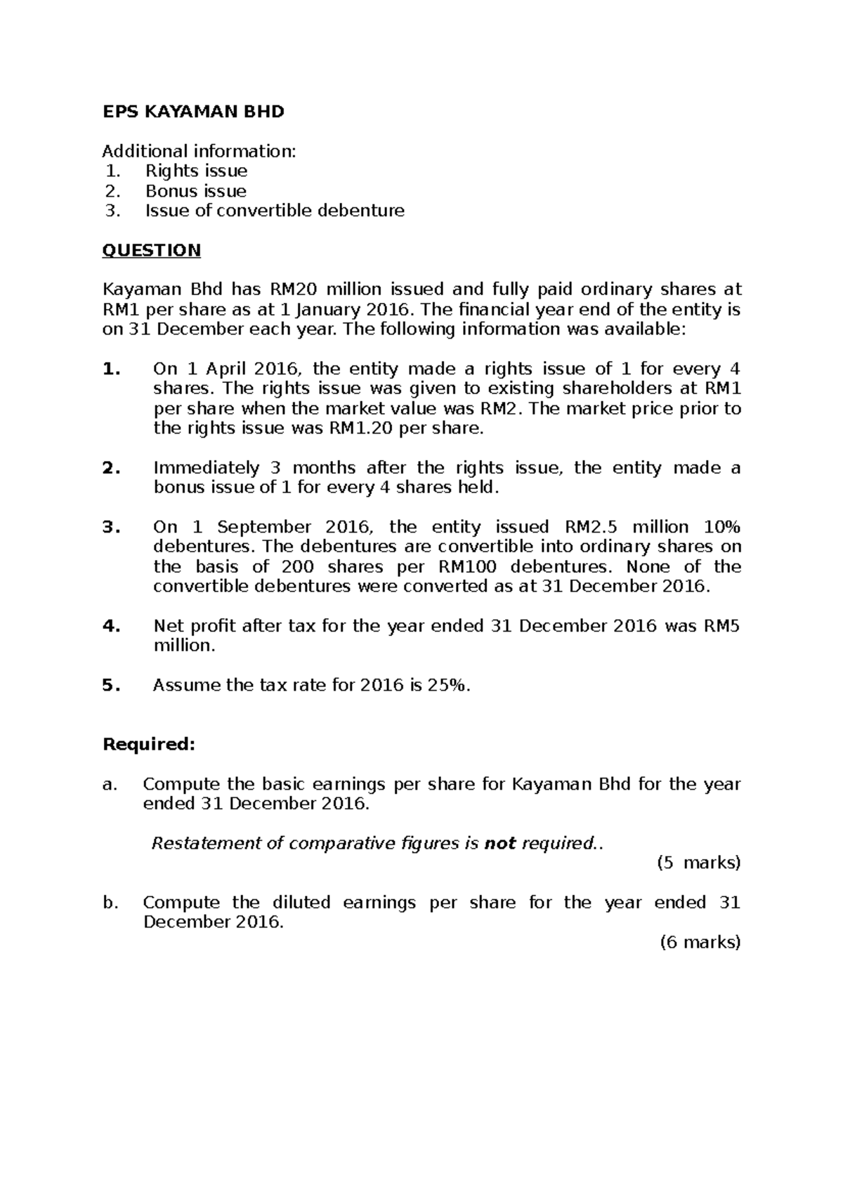Kayaman BHD Tutorial on EPS Calculations & Rights Issues - Studocu