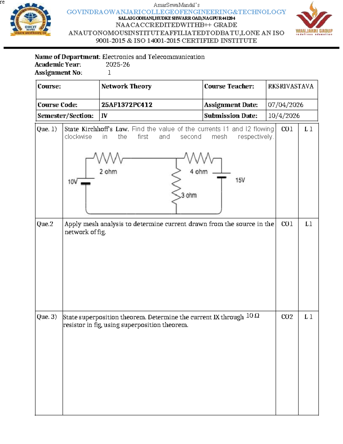 NT 25AF1372PC412 Unit 1 Assignment Notes on Network Theory - Studocu