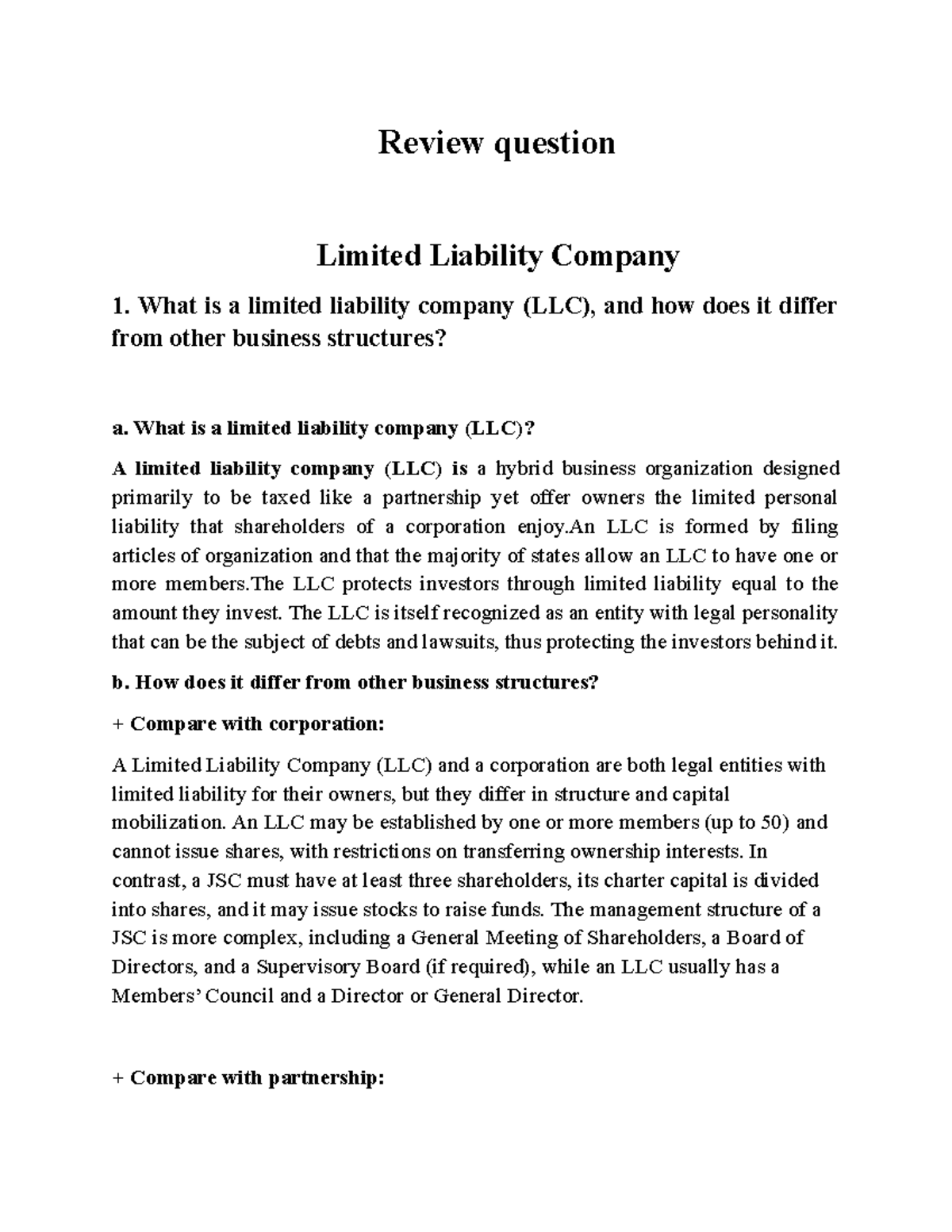 Review Questions on Limited Liability Company (LLC) - TM1 - Studocu