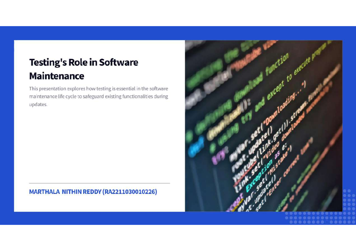 SEPM Presentation: The Role of Testing in Software Maintenance - Studocu