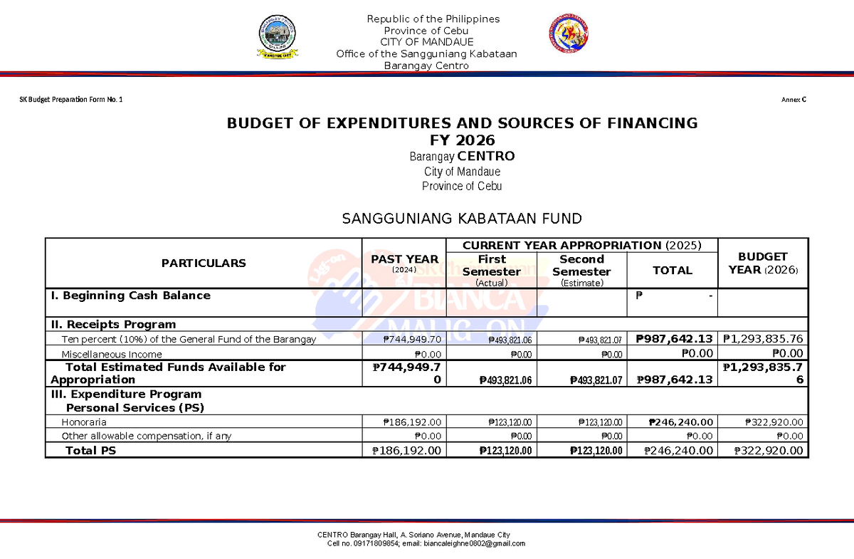 SK Budget Preparation Forms 2026 for Barangay Centro, Mandaue - Studocu