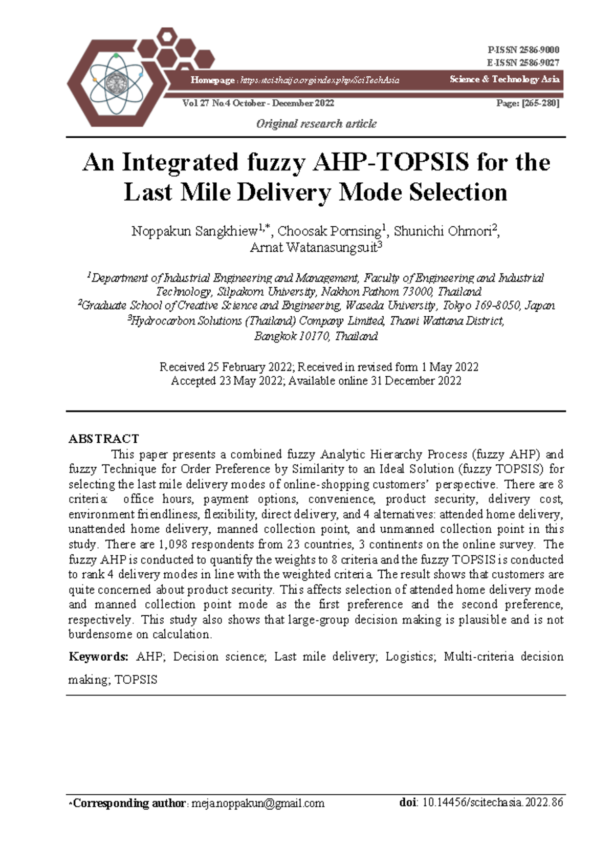 Integrated Fuzzy AHP and TOPSIS for Last Mile Delivery Mode Selection ...
