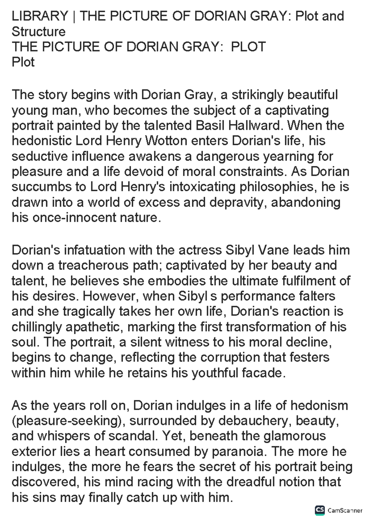 LIBRARY: Notes on The Picture of Dorian Gray - Plot & Structure ...