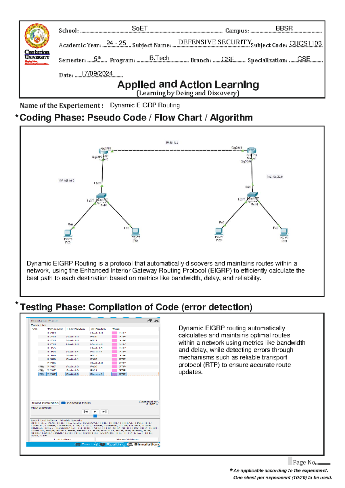 CUCS1103 B.Tech CSE 5th: Dynamic EIGRP Routing Experiment Notes - Studocu