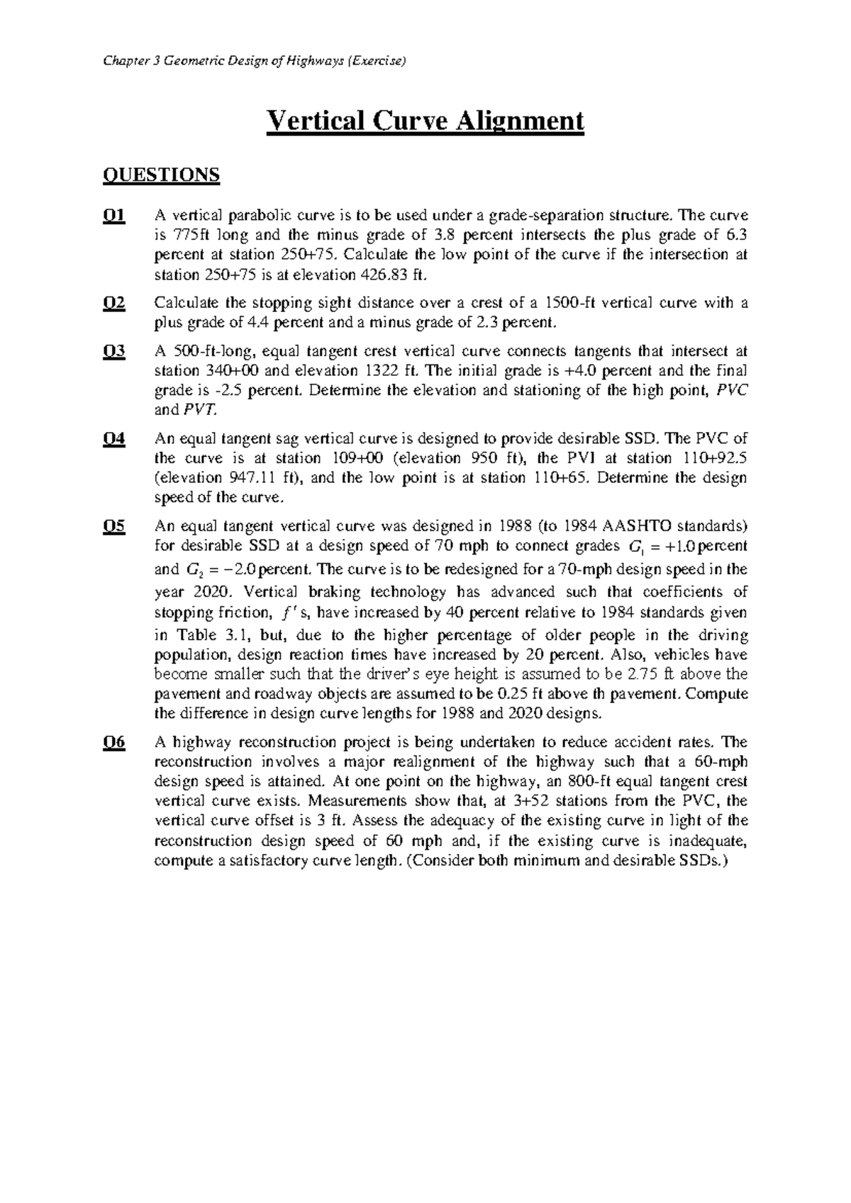 Chapter 3: Vertical and Horizontal Curve Alignment Examples & Solutions ...