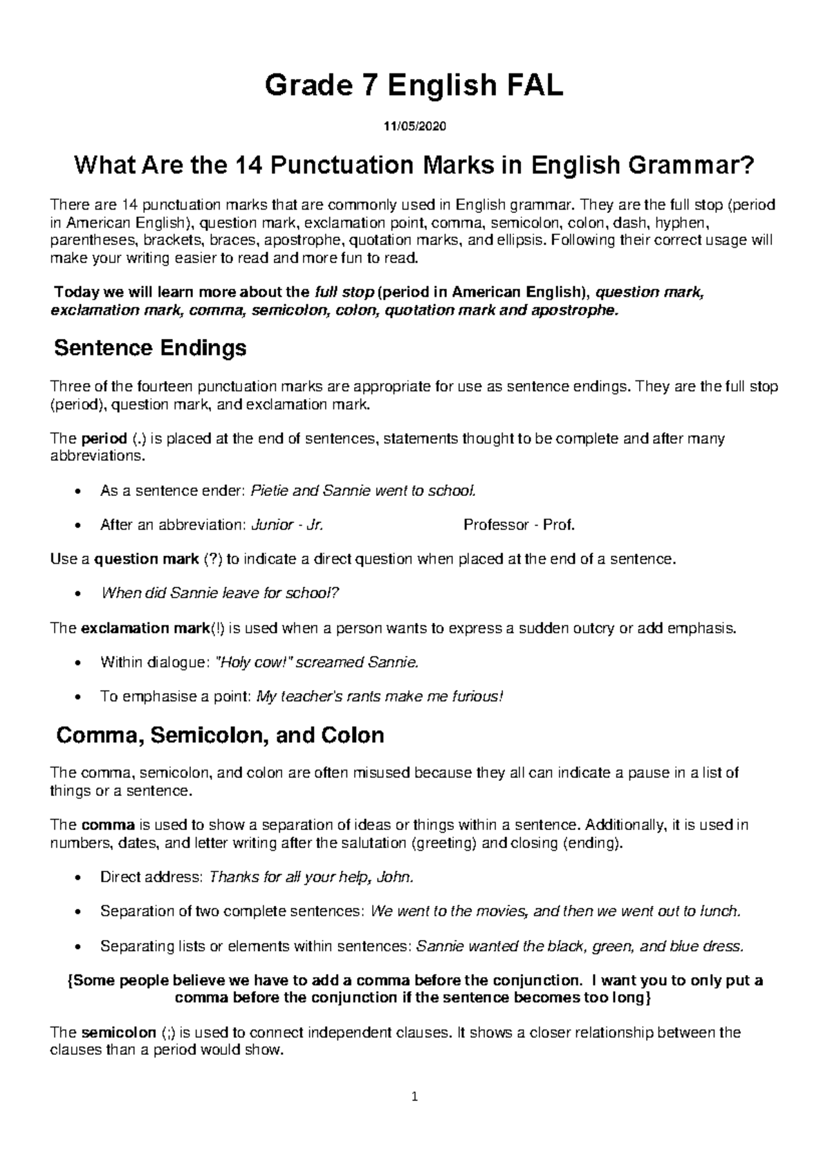 Grade 7 English FAL: Punctuation Lesson Plan and Activities Guide - Studocu