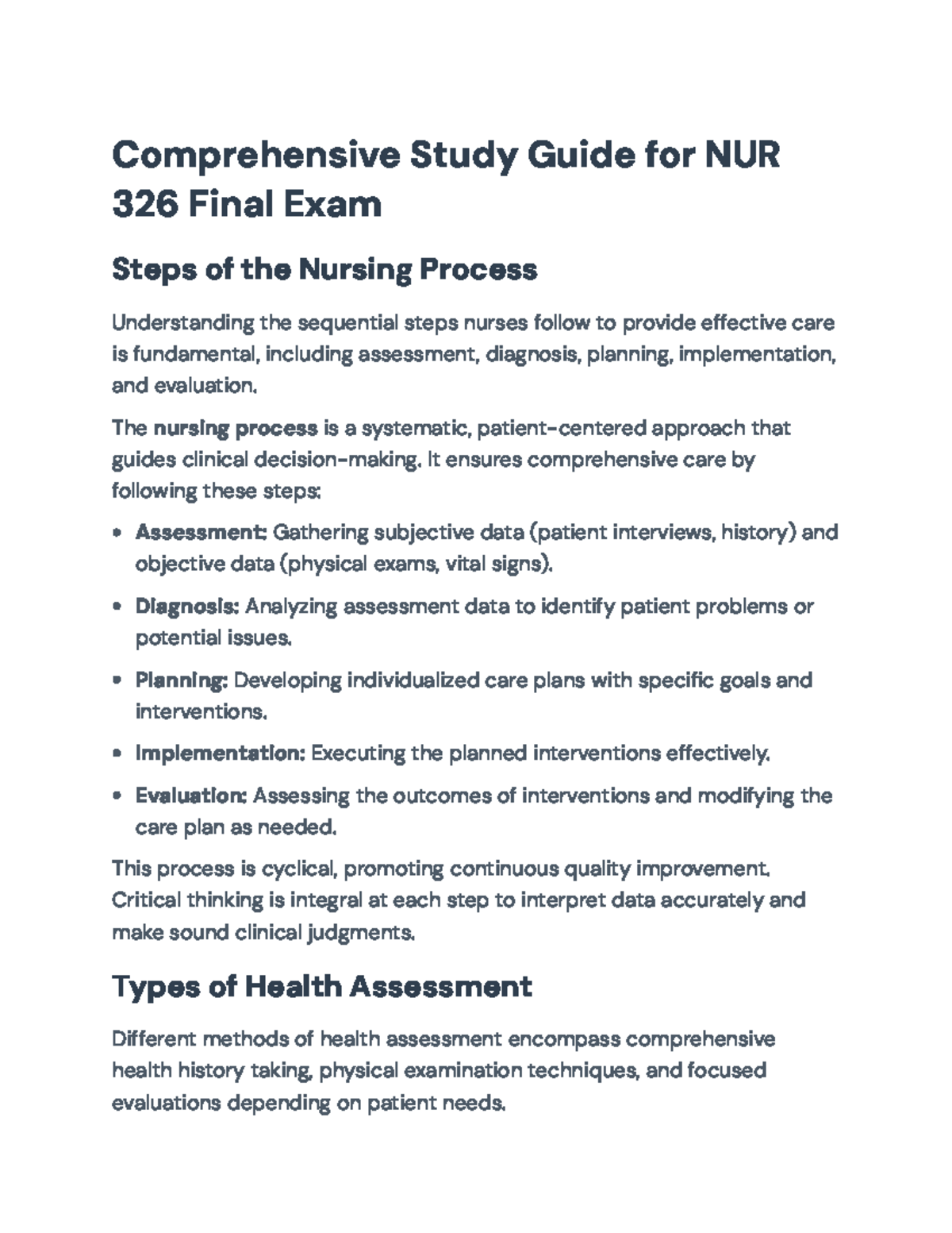 NUR 326 Comprehensive Study Guide for Final Exam Review - Studocu