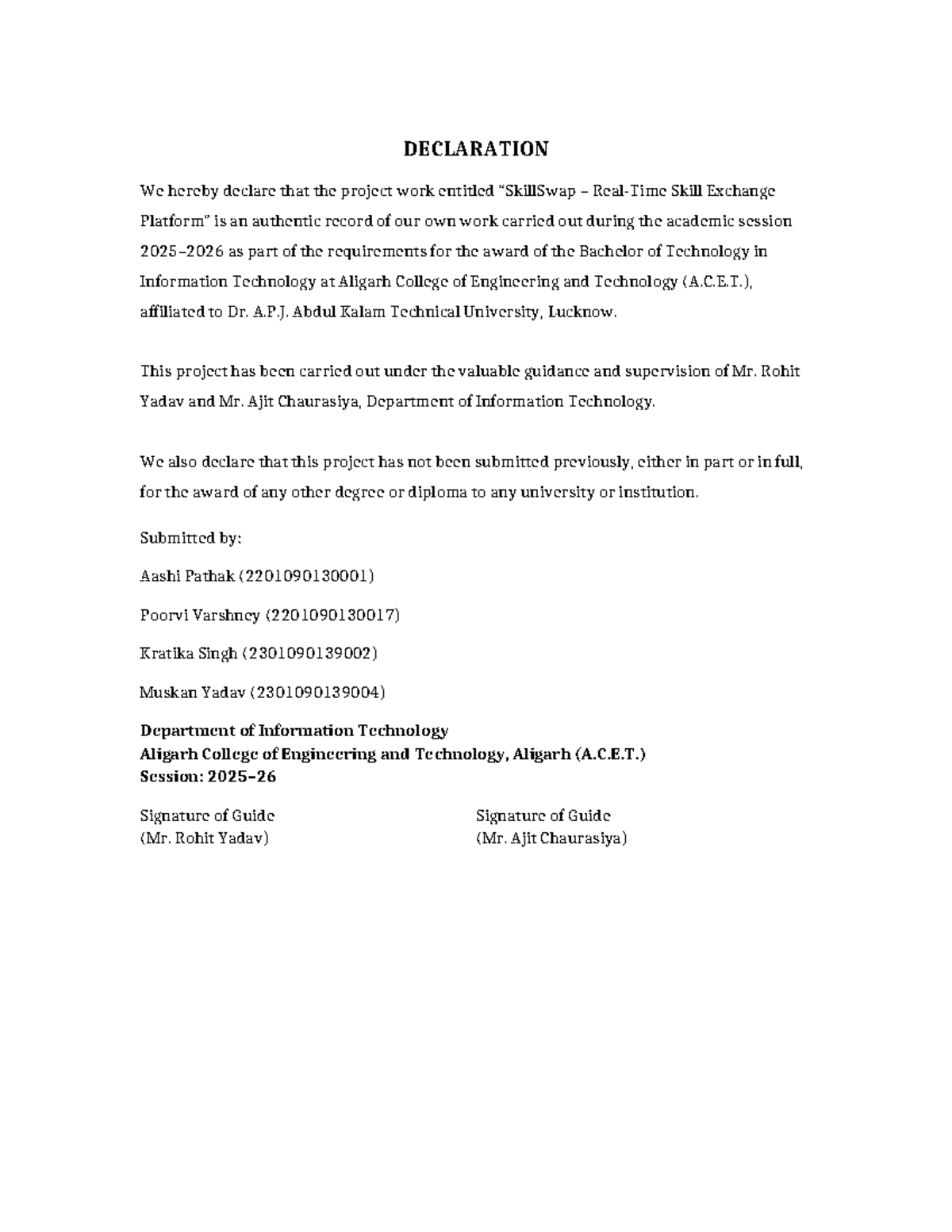 B.Tech Project Declaration: Skill Exchange - A.C.E.T. - Studocu