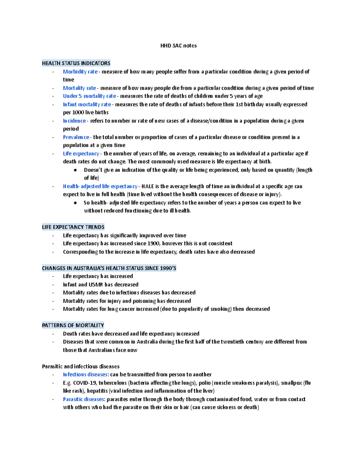 HHD SAC Final Notes: Health Status Indicators and Trends Analysis - Studocu