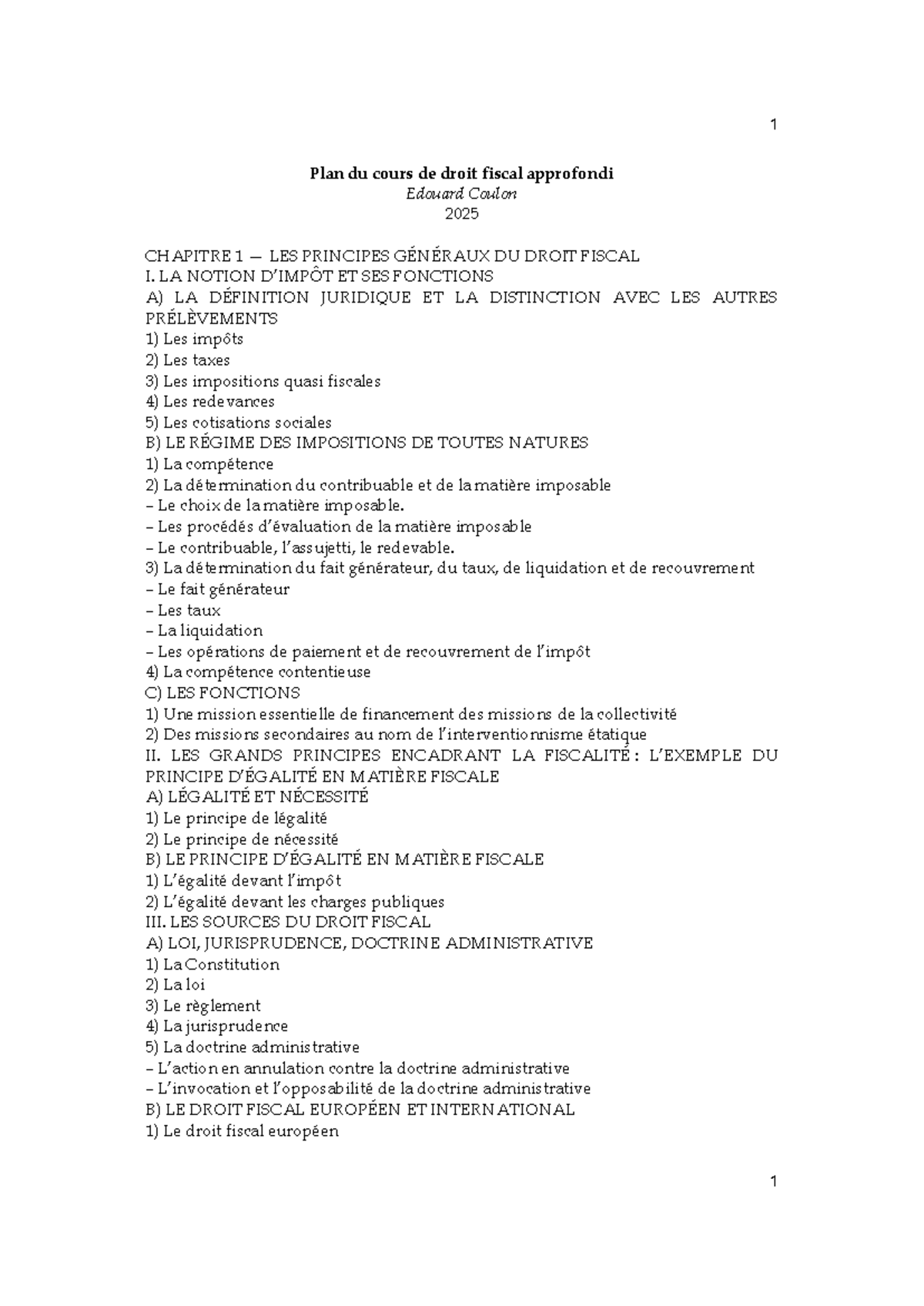Plan de Cours Droit Fiscal Approfondi 2025 - Chapitre 1 à 4 - Studocu