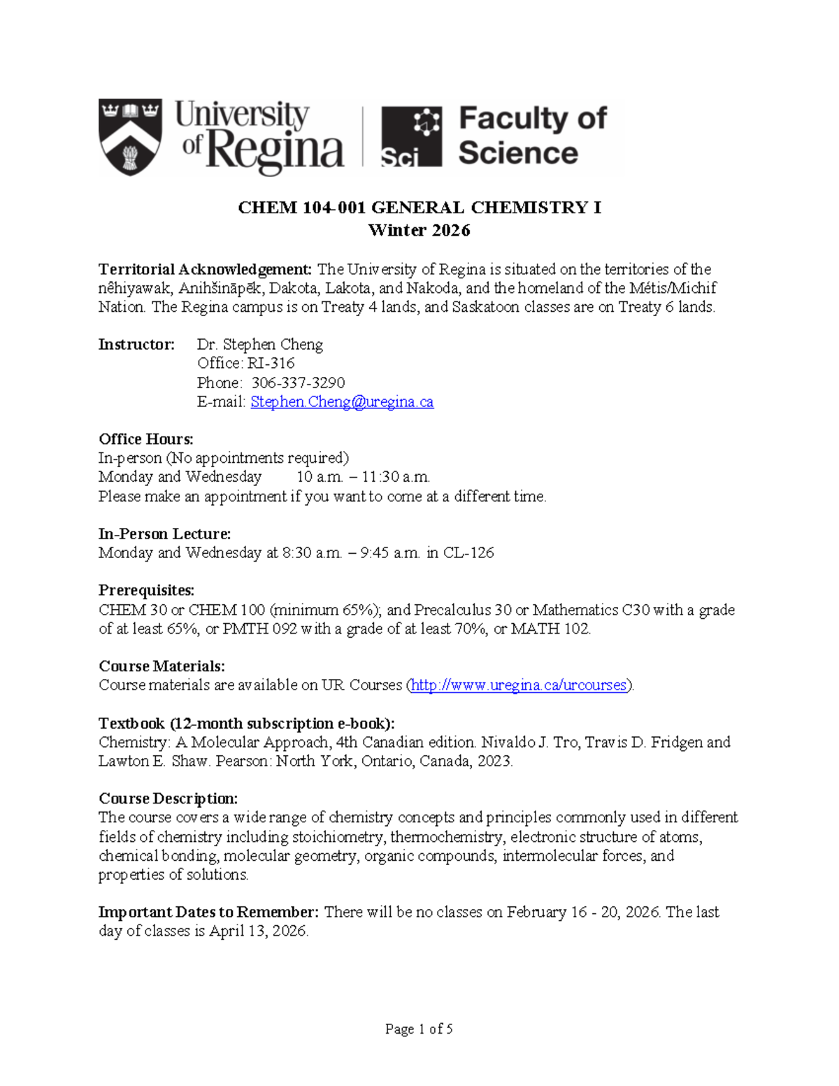 CHEM 104 Winter 2026 Course Syllabus and Important Information - Studocu