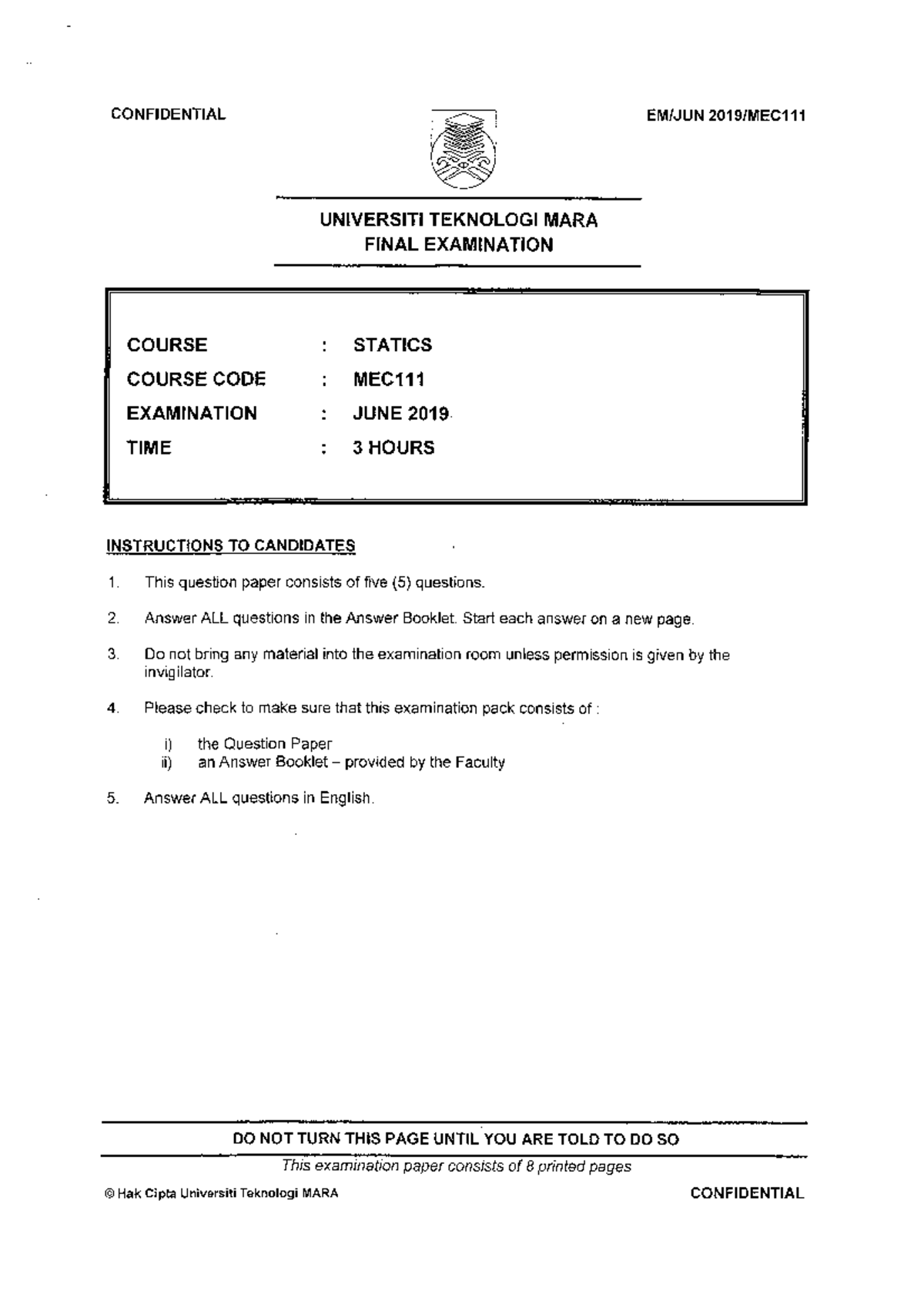 2019 June - Final Exam - MEC 111 - Question Paper - CONFIDENTIAL ...