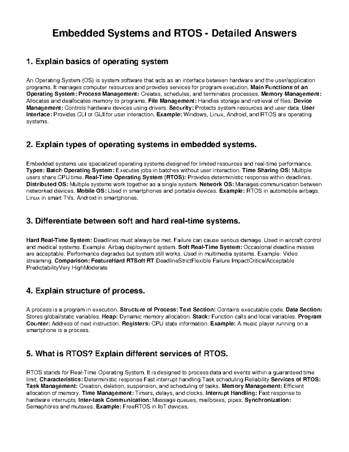 Embedded Systems (ES) and RTOS: Comprehensive Answers - Studocu