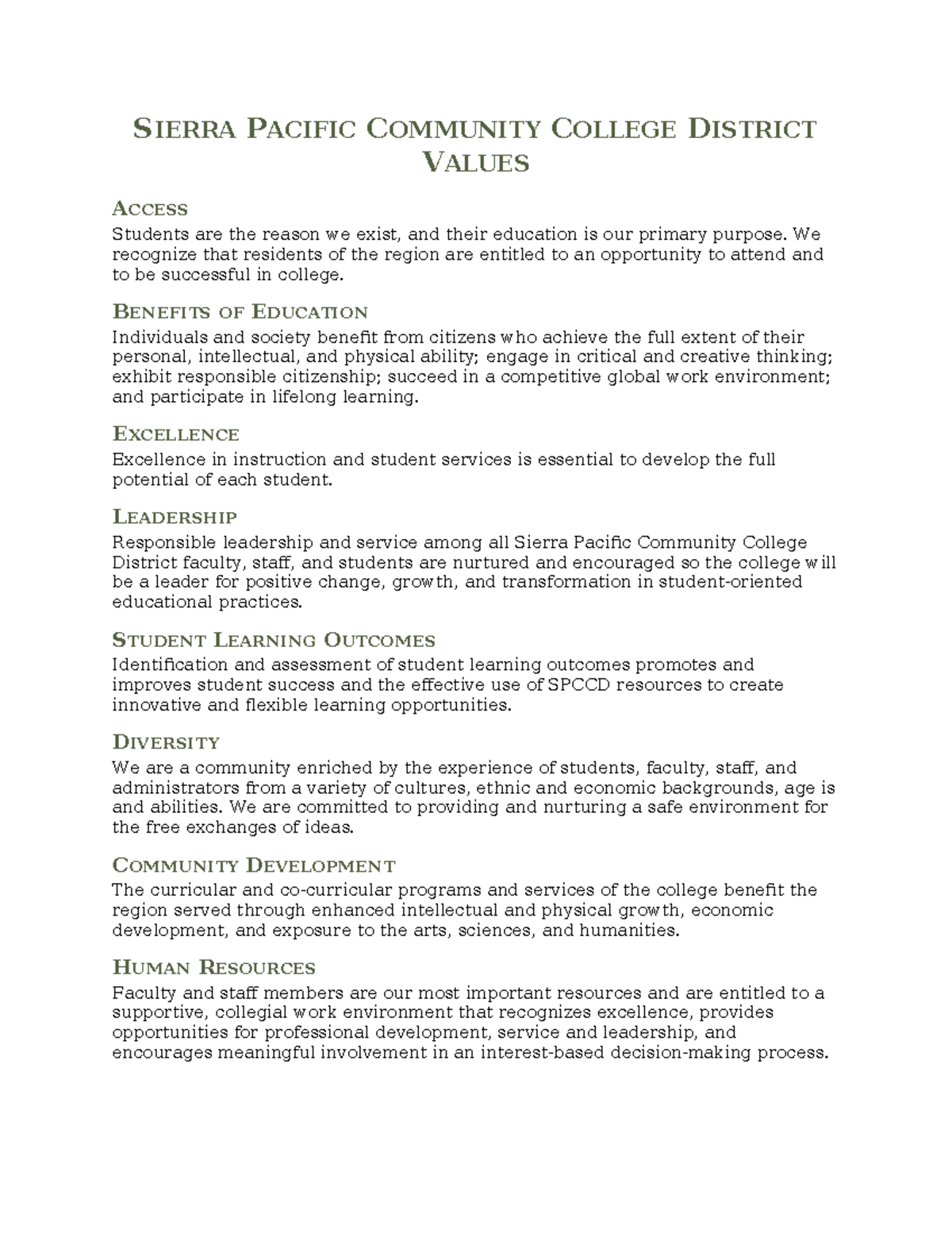Values Statement for SIERRA PACIFIC COMMUNITY COLLEGE DISTRICT - Studocu