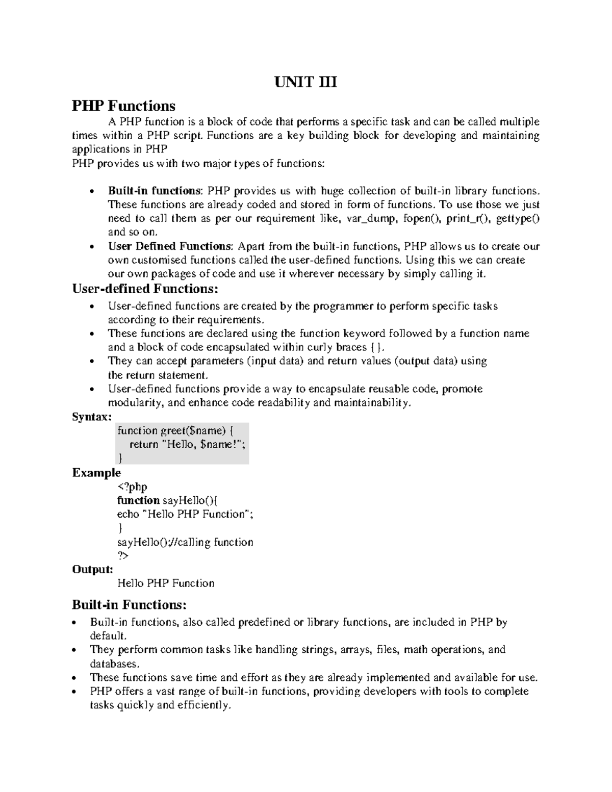 Unit III PHP Functions: Understanding Built-in & User-Defined Functions ...