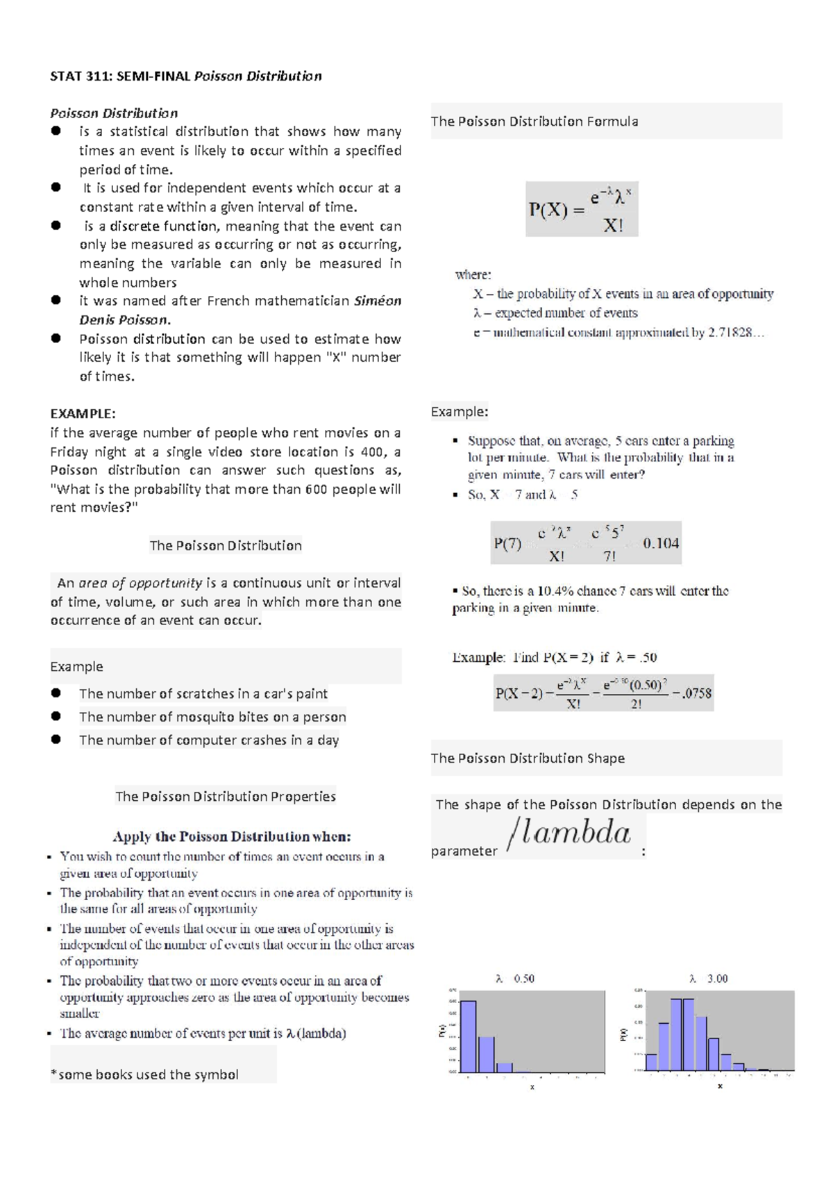 STAT-311 - Semi-Final Lecture Notes on Poisson & Normal Distributions ...
