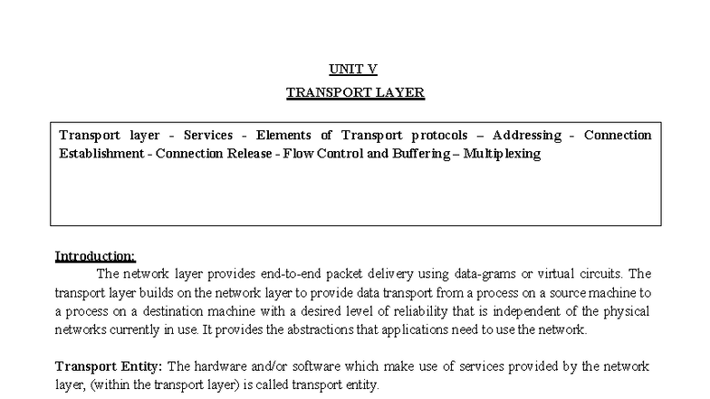 454312977 Computer Network Unit 5: Transport Layer Overview and ...