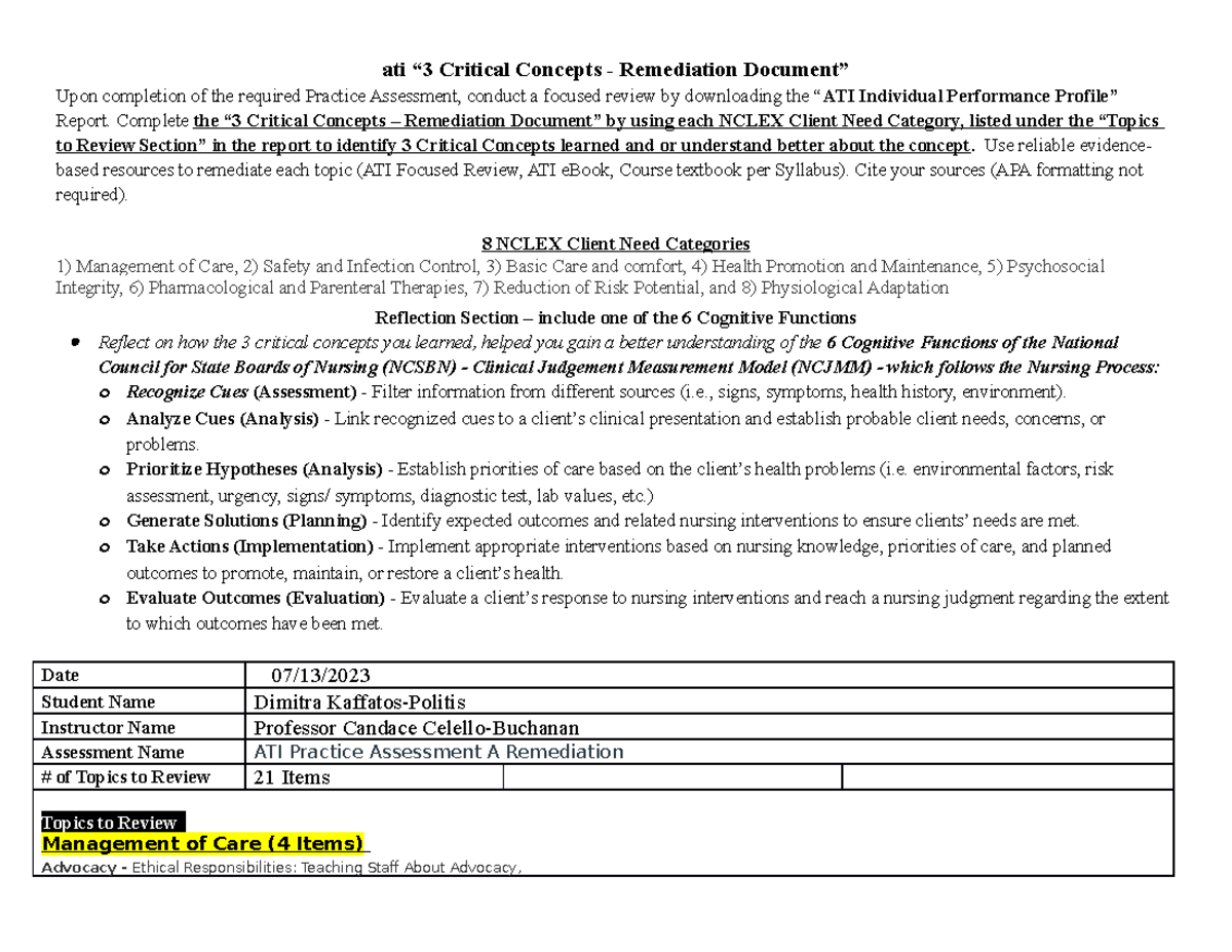 ATI Practice A Remediation 3 Critical Concepts 07.15.23 Edit - ati “3