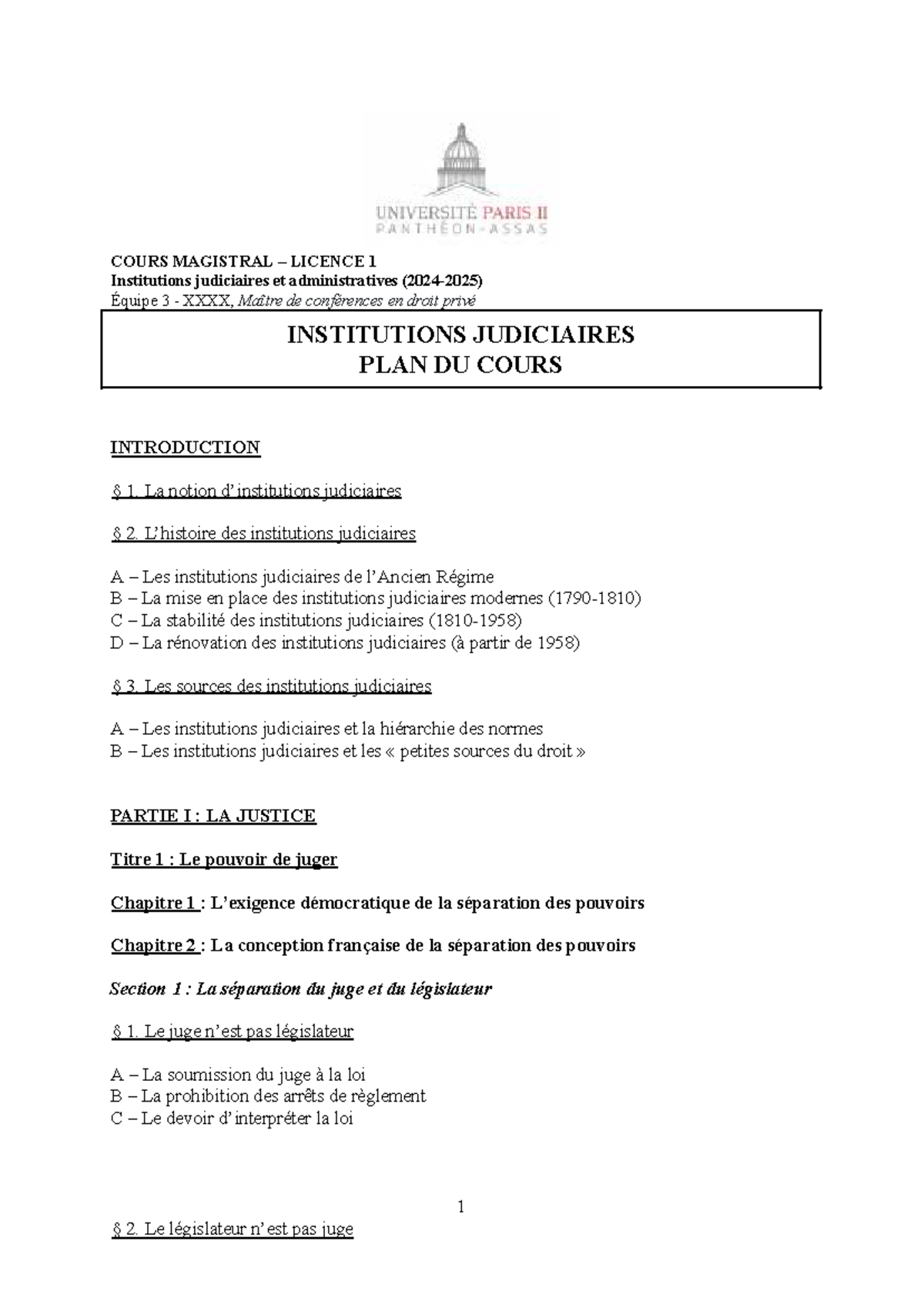 Institutions judiciaires - Plan de cours 2024 - COURS MAGISTRAL ...