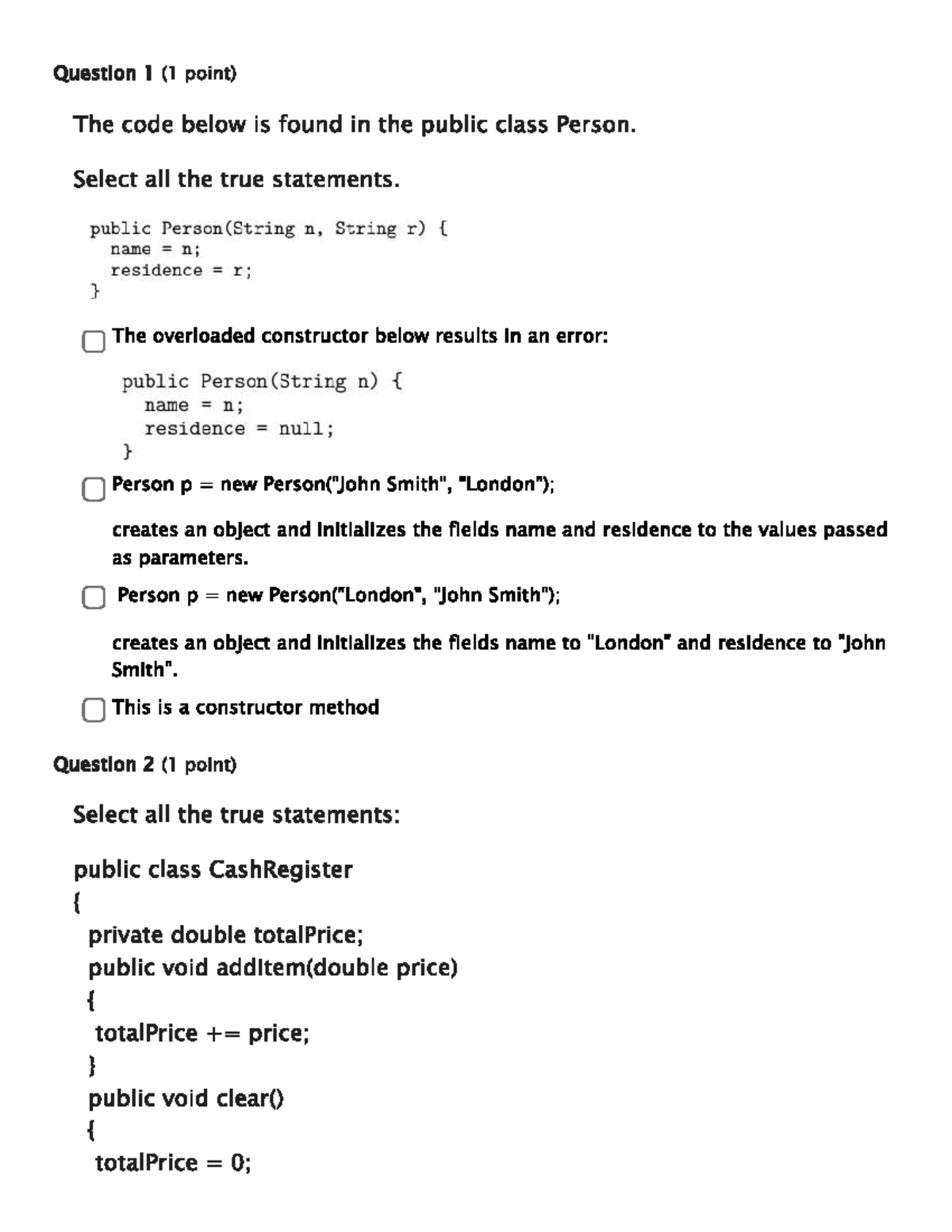 Java Quiz Questions and True Statements Analysis - Studocu