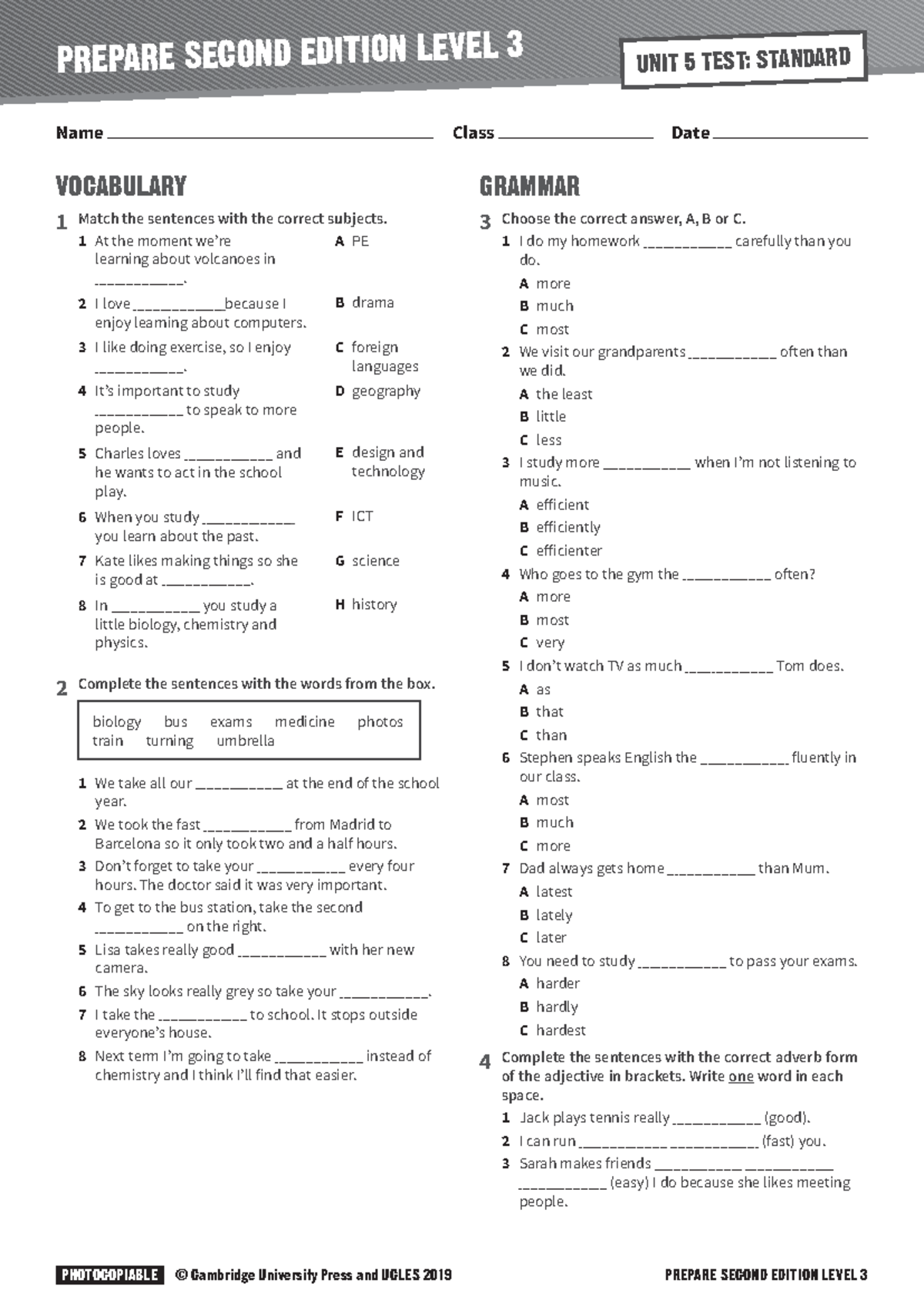 PRE-UT-U5S - UNIT 5 TEST: VOCABULARY AND GRAMMAR PRACTICE - Studocu