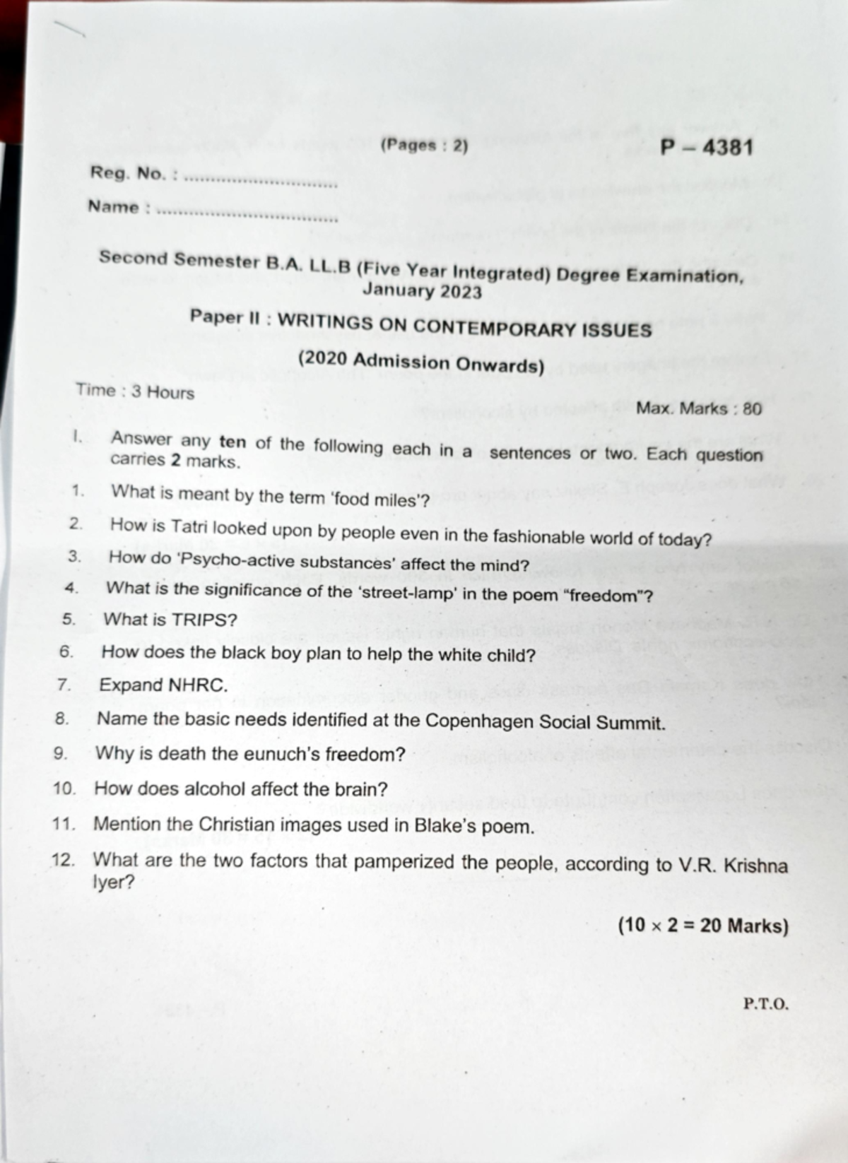 Contemporary Issues: Question Paper for B. LL Second Sem Exam (M 4074 ...