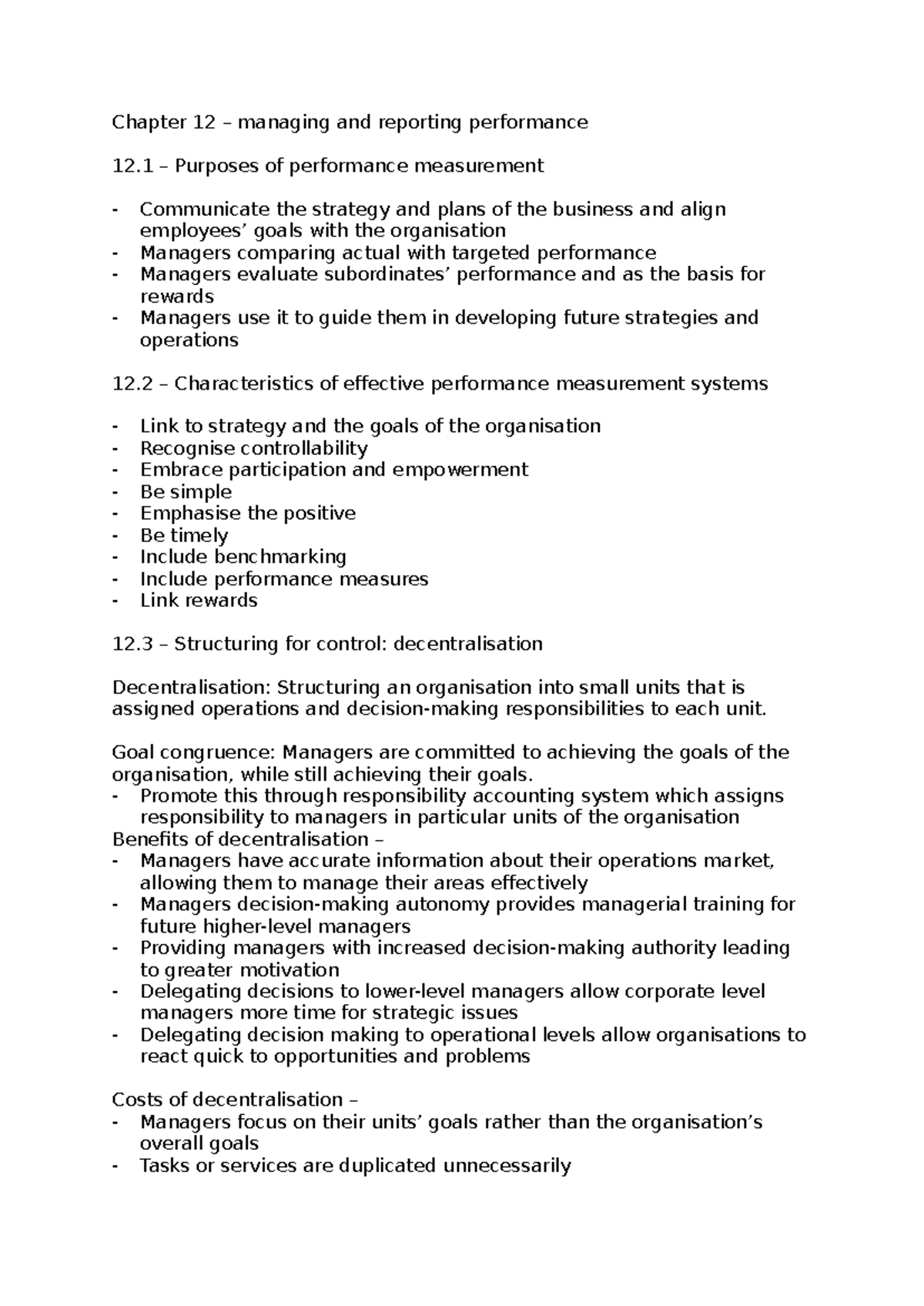 Chapter 12 - Managing and Reporting Performance in Organizations - Studocu