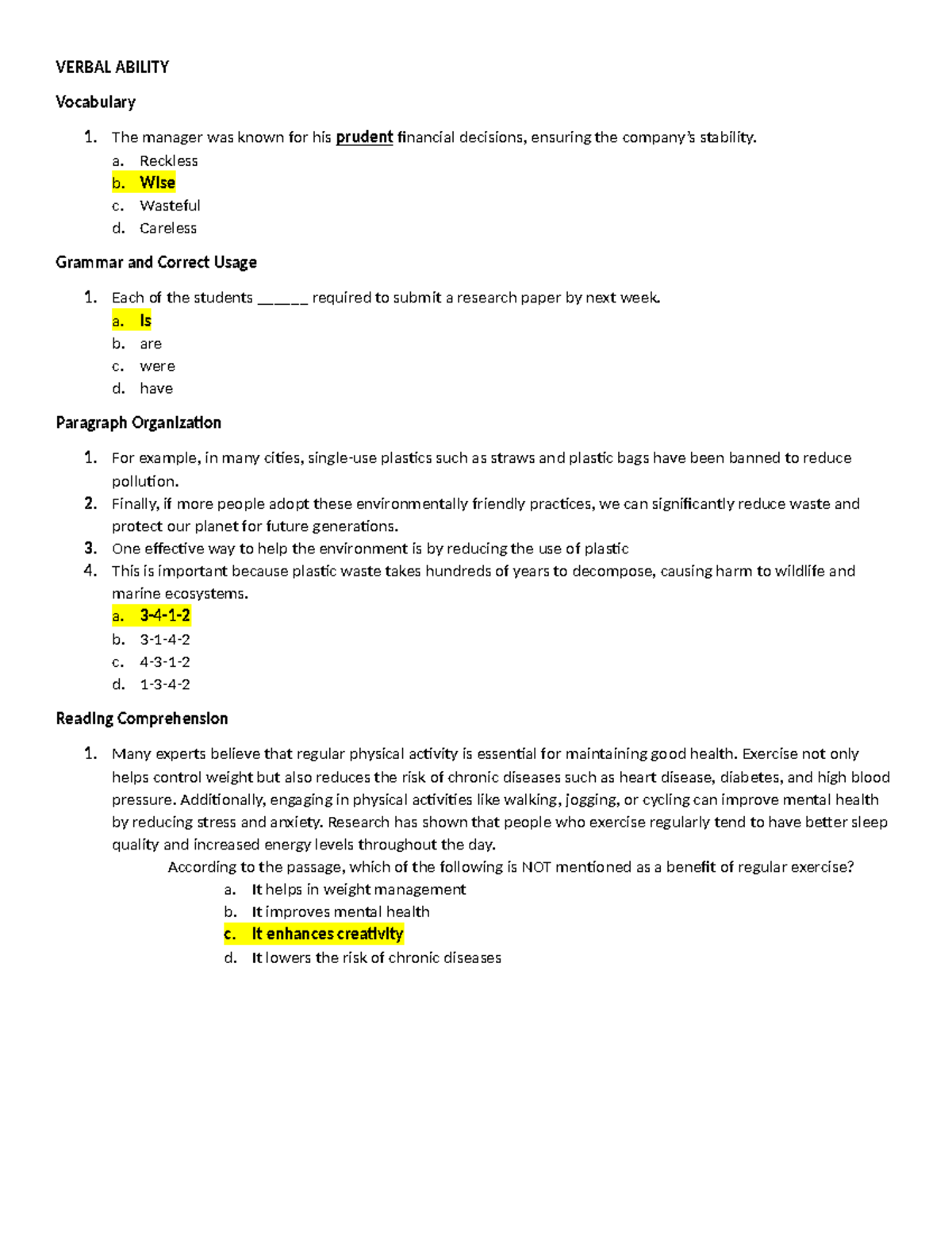 CSE Reviewer: Verbal & Numerical Ability Practice Questions - Studocu
